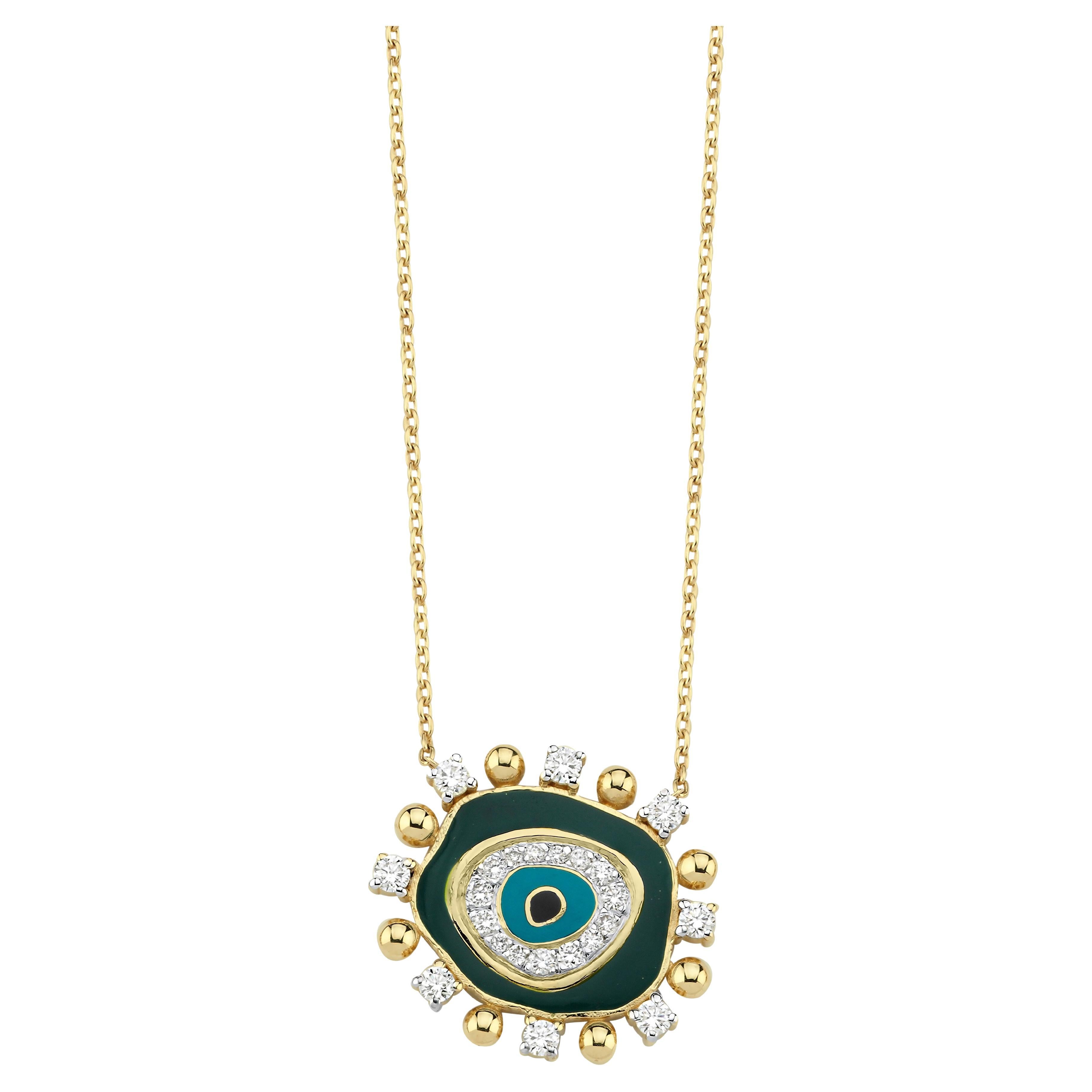 0.38 ct Diamond, Dark Green Enamel & 14k Gold Evil Eye Necklace