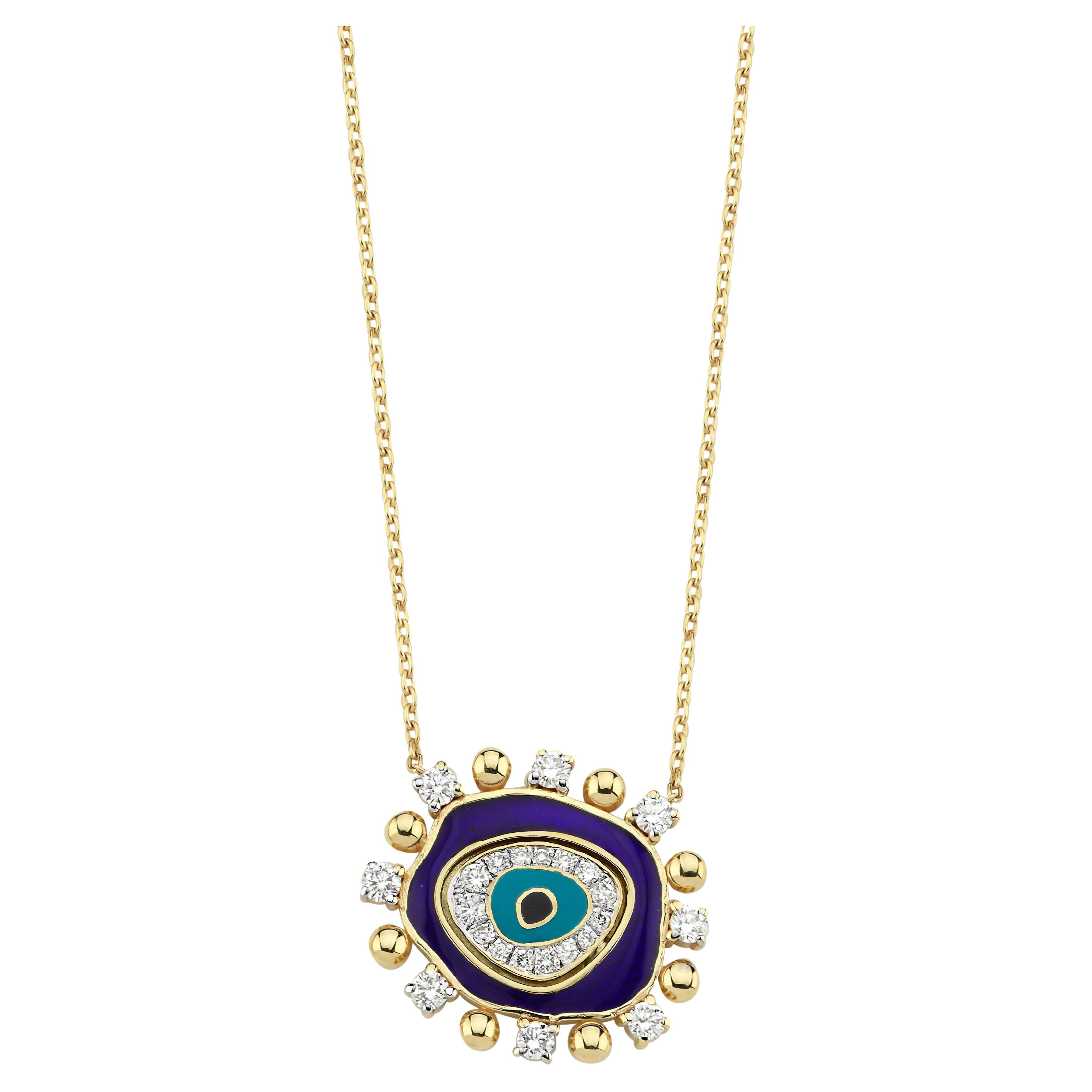 0.38 ct Diamond, Navy Enamel & 14k Gold Evil Eye Necklace