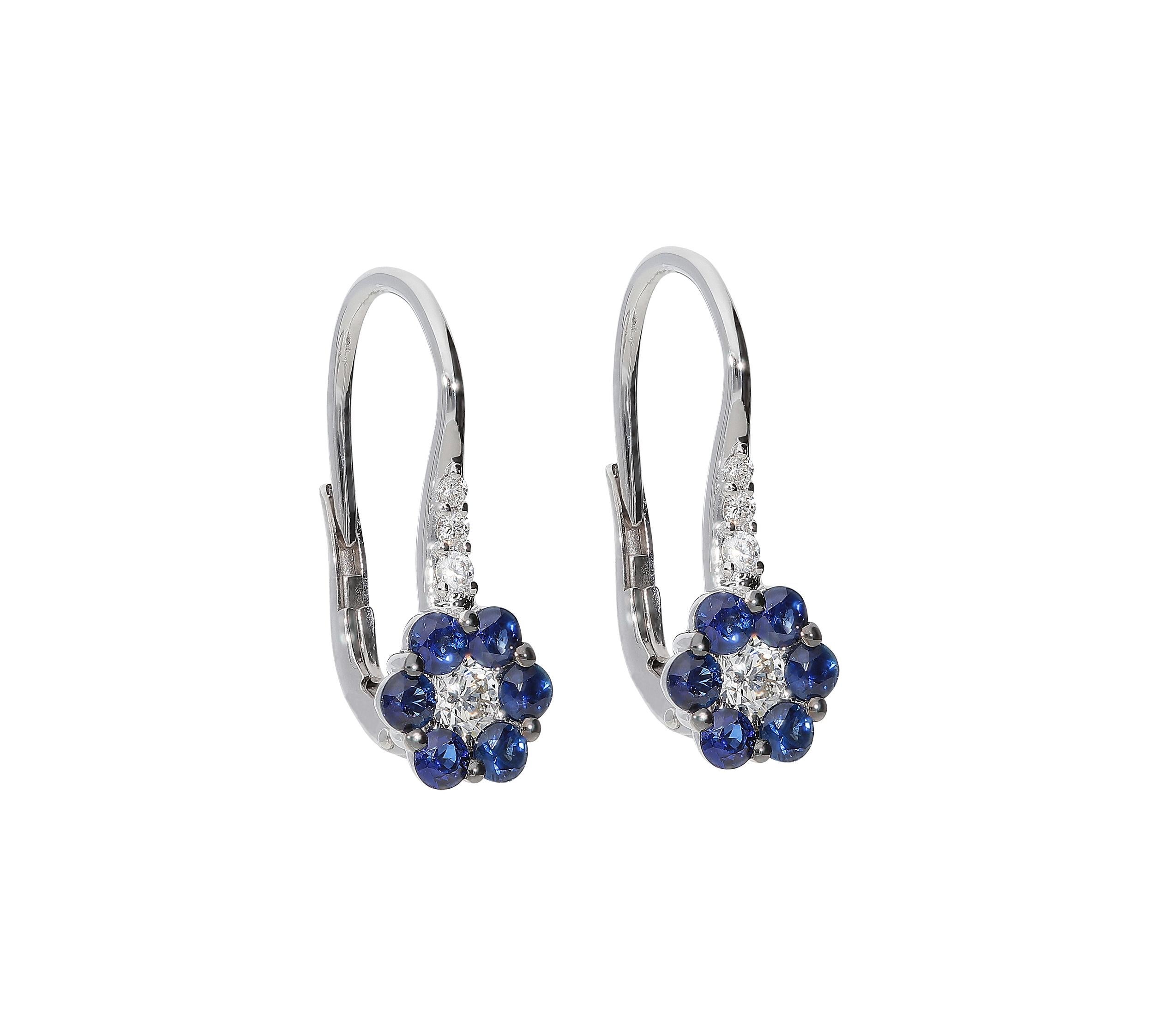 Contemporary 0.38 White GSI Diamonds 0.84 Blue Sapphire 18 Karat White Gold Earrings For Sale