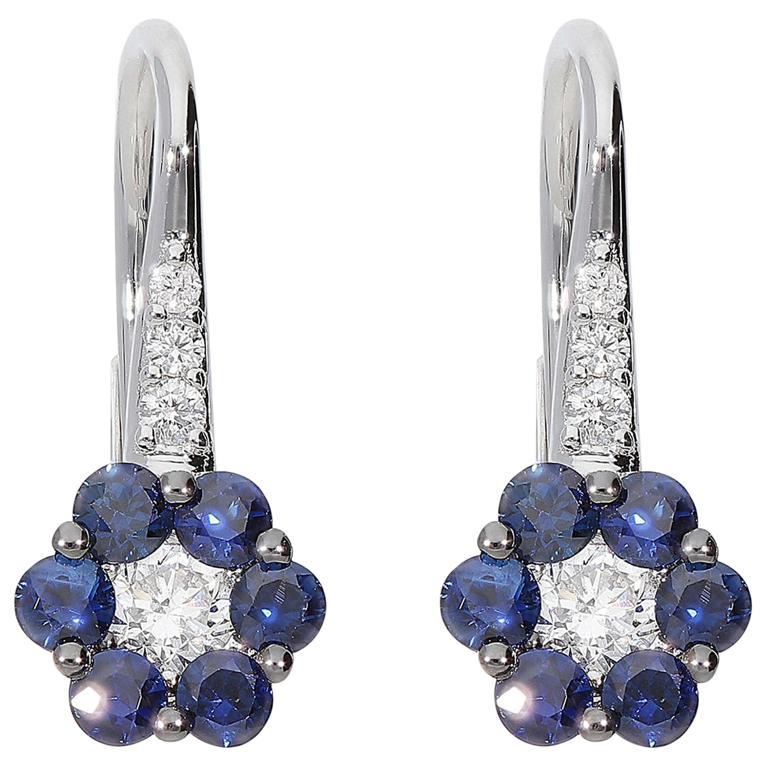 0.38 White GSI Diamonds 0.84 Blue Sapphire 18 Karat White Gold Earrings For Sale