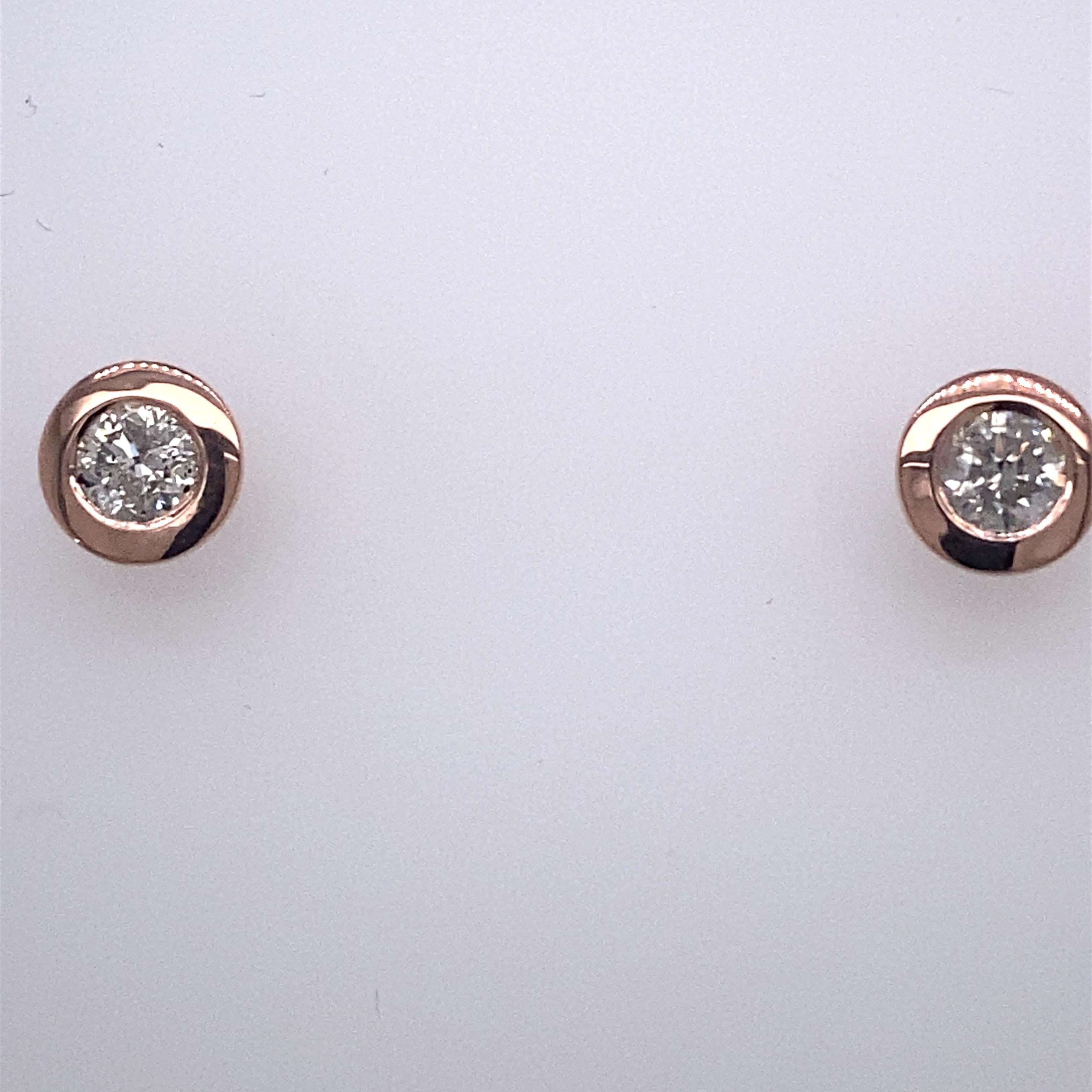 Round Cut 0.38ct Diamond Studs Earrings in Rubover Setting in 18ct Rose Gold For Sale