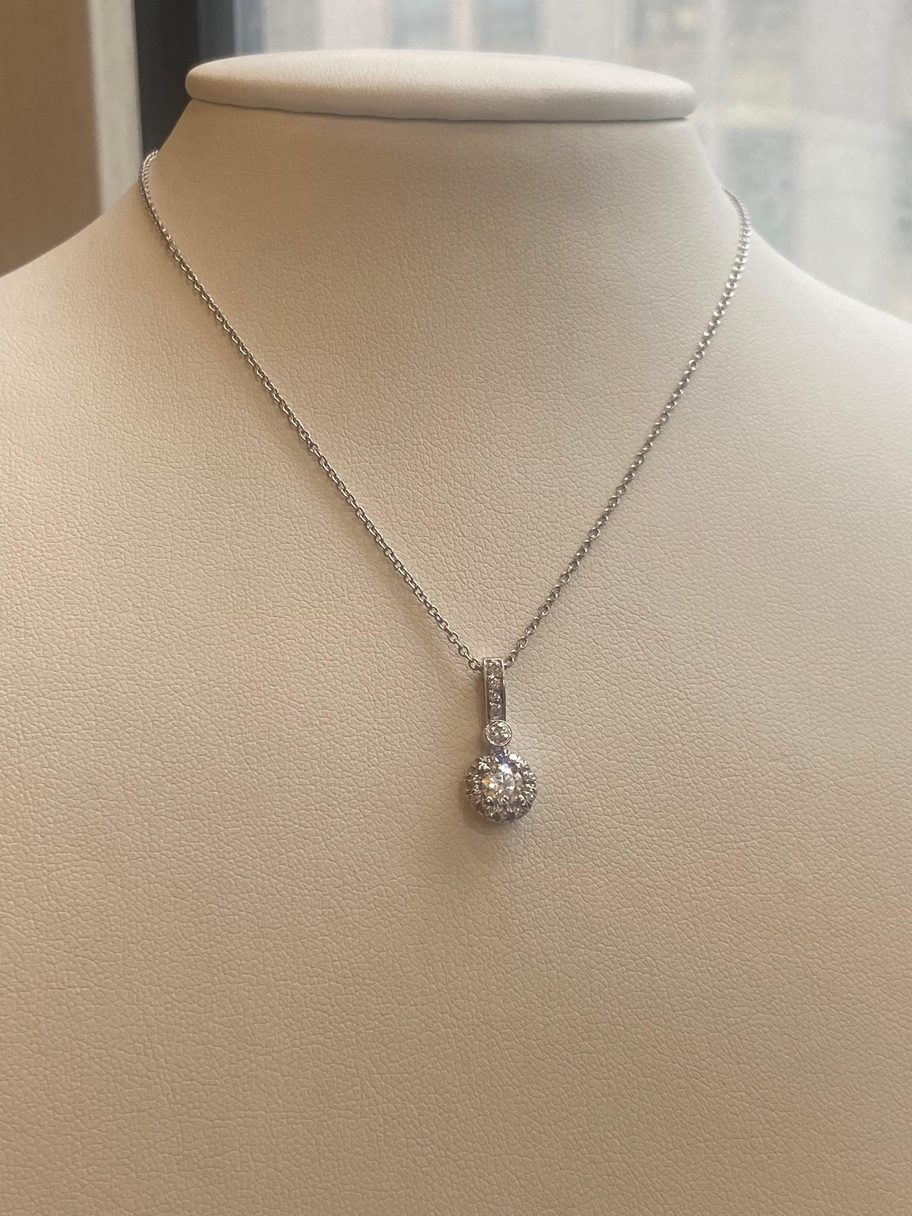 0.38ct Round Diamond Pave & Bezel Set Pendant in 18KT White Gold In New Condition For Sale In New York, NY