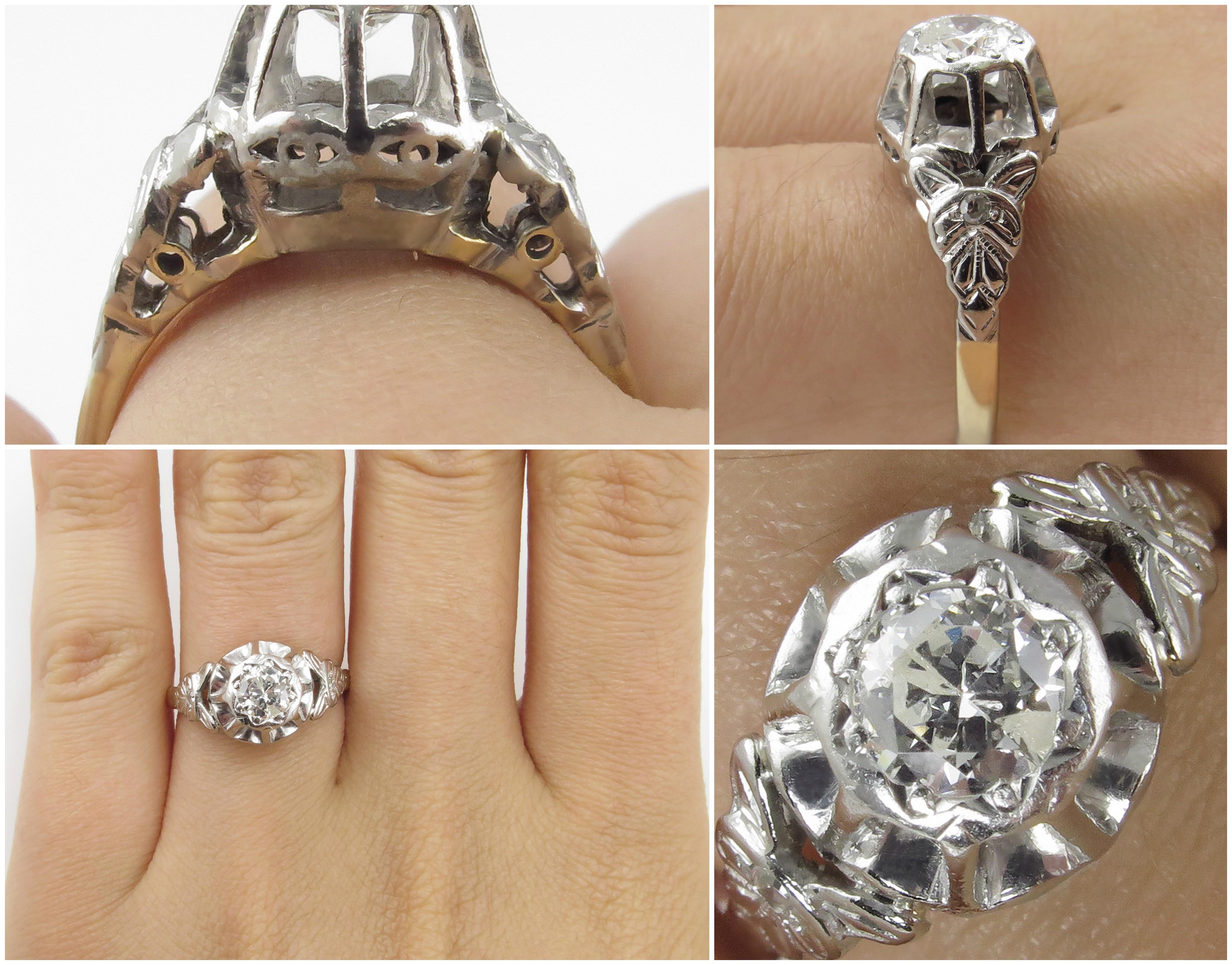 0.38 Carat Vintage Deco Old Euro Diamond Wedding Yellow Gold Plat Ring For Sale 7