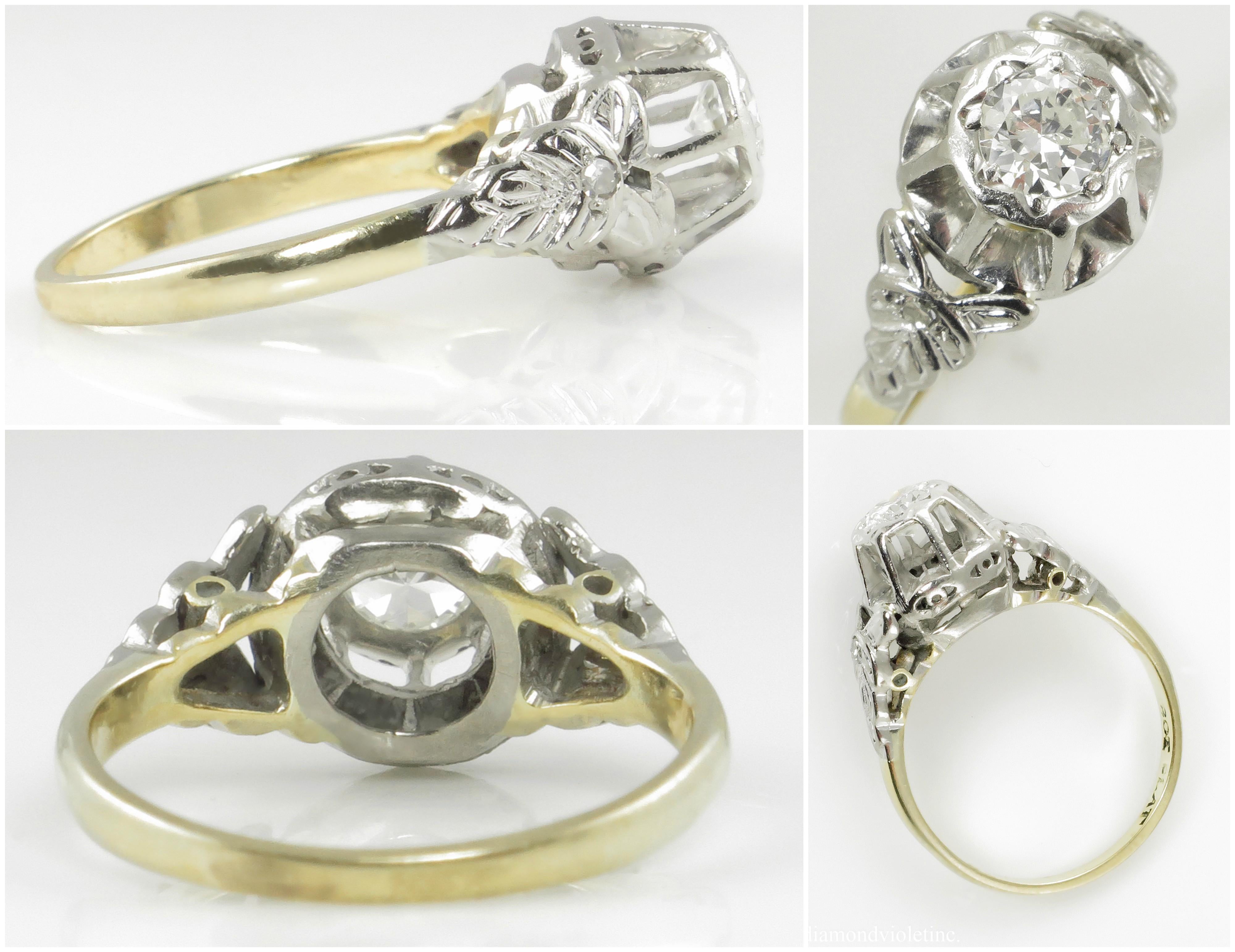 Art Deco 0.38 Carat Vintage Deco Old Euro Diamond Wedding Yellow Gold Plat Ring For Sale
