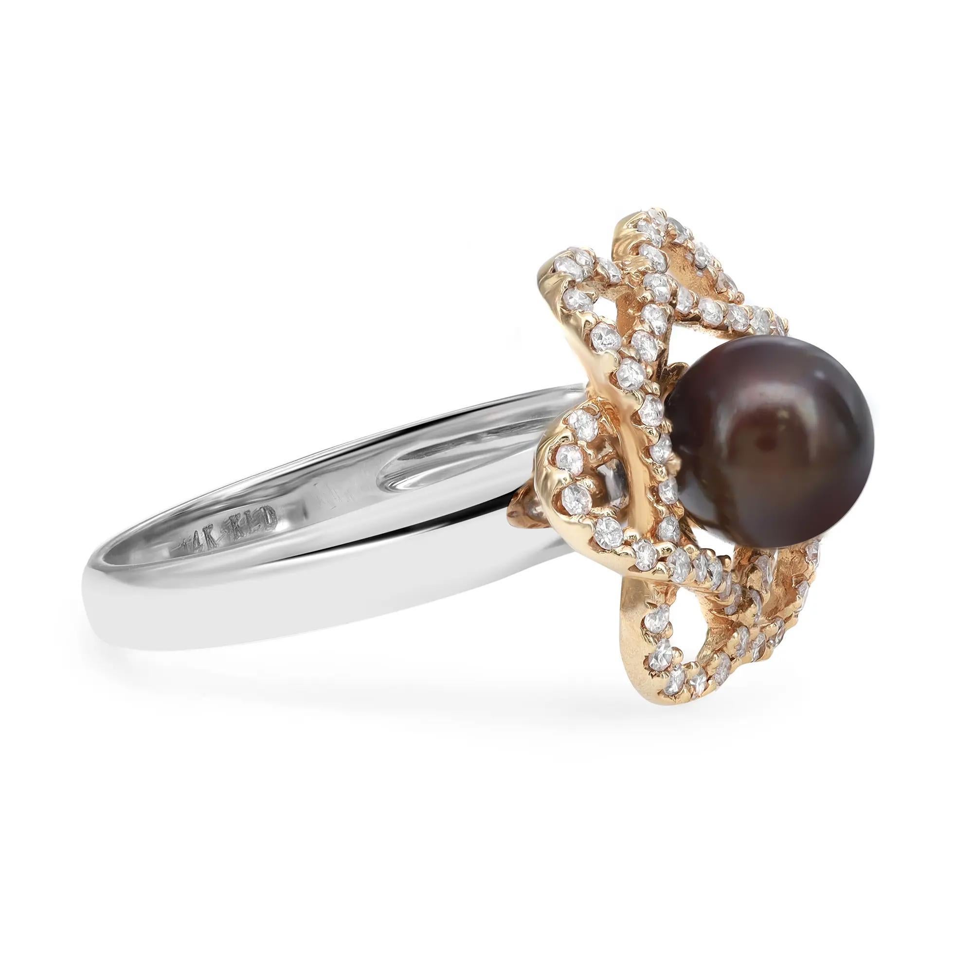 0,38cttw Runder Diamant und Tahiti-Perle Damen-Cocktailring 14k Gold (Rundschliff) im Angebot