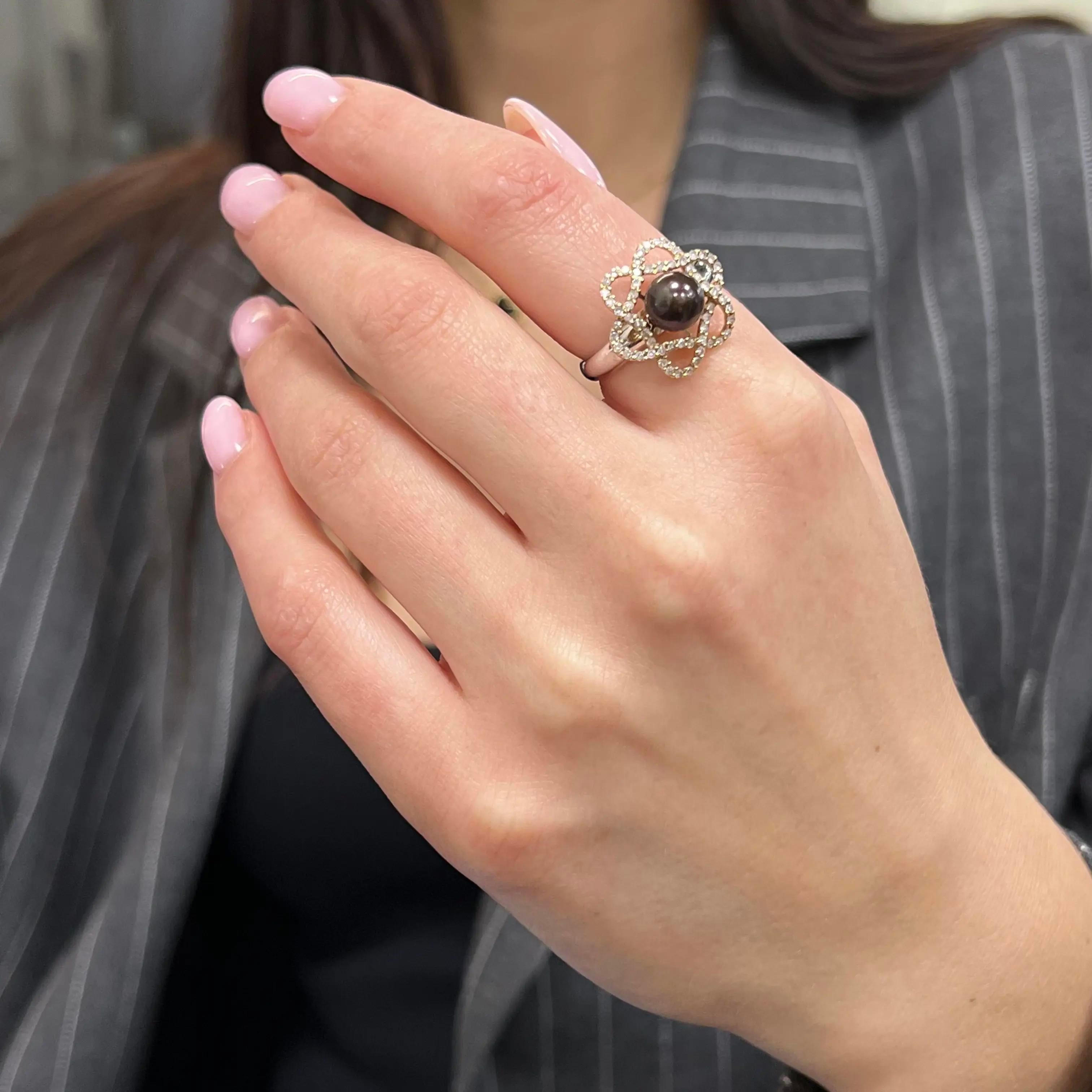0,38cttw Runder Diamant und Tahiti-Perle Damen-Cocktailring 14k Gold im Zustand „Neu“ im Angebot in New York, NY