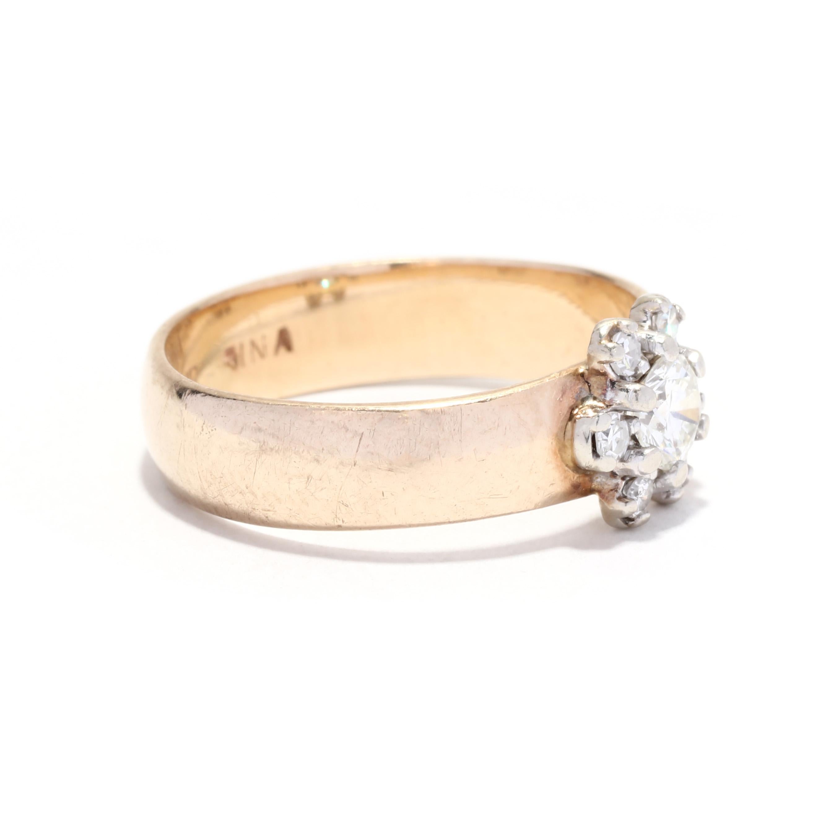 A vintage 10 karat yellow gold diamond cluster engagement ring. This stackable band features a slightly domed wide band with a flower cluster diamond accent weighing approximately .38 total carats.

Stones: 
- diamond
- round brilliant cut, 1