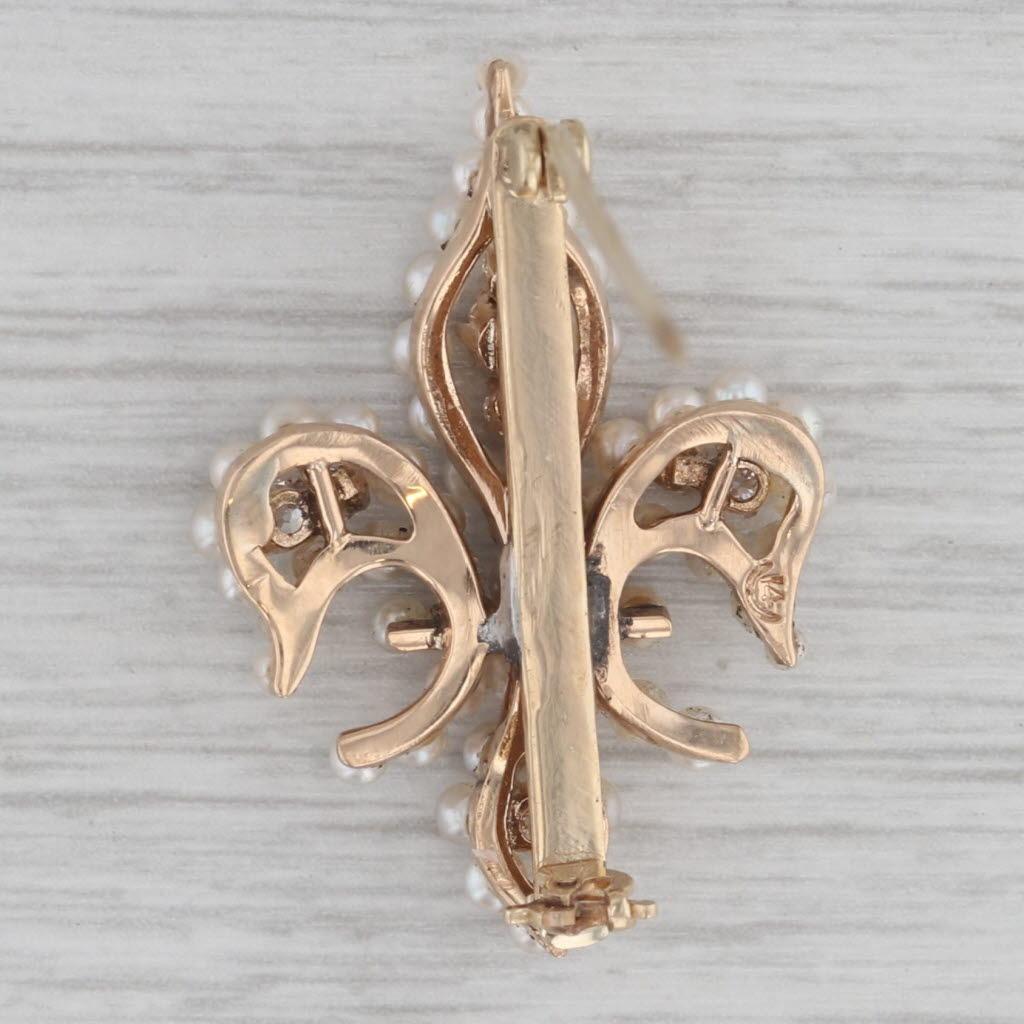 Women's or Men's 0.38ctw Diamond Seed Pearl Fleur De Lis Brooch 14k Yellow Gold Pin For Sale