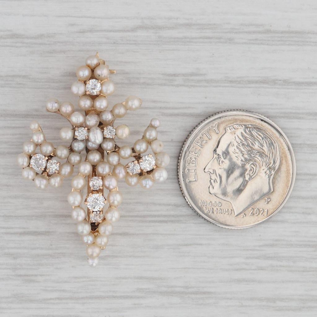 0.38ctw Diamond Seed Pearl Fleur De Lis Brooch 14k Yellow Gold Pin For Sale 1