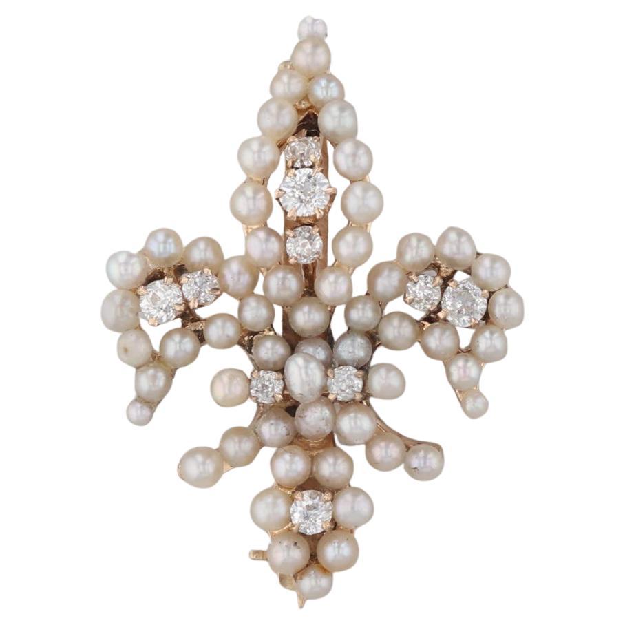0.38ctw Diamond Seed Pearl Fleur De Lis Brooch 14k Yellow Gold Pin For Sale