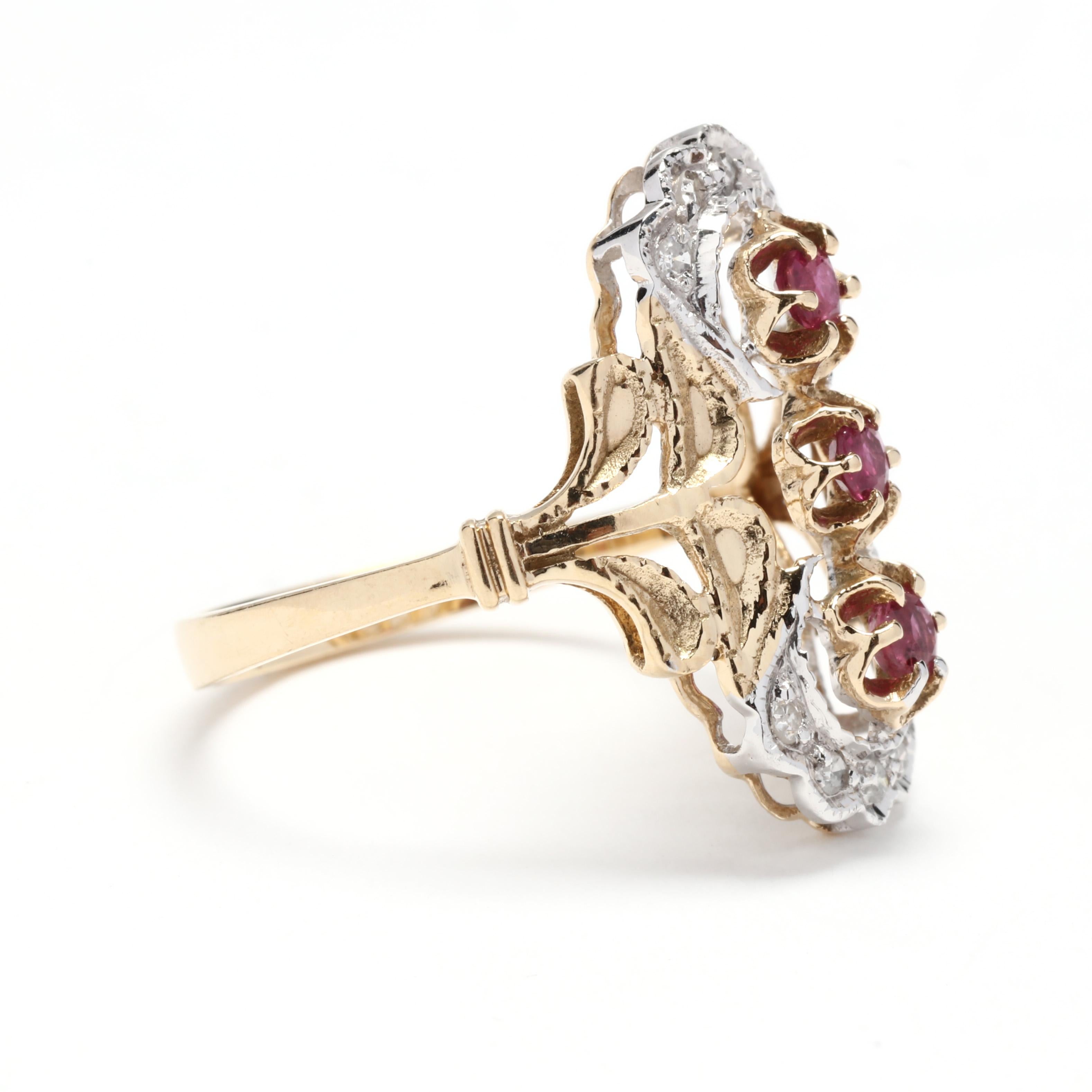 A vintage 14 karat bi color gold ruby and diamond navette statement ring. This long dinner ring features three vertical, prong set round cut rubies weighing approximately .30 total carats with a diamond set scalloped edging weighing approximately