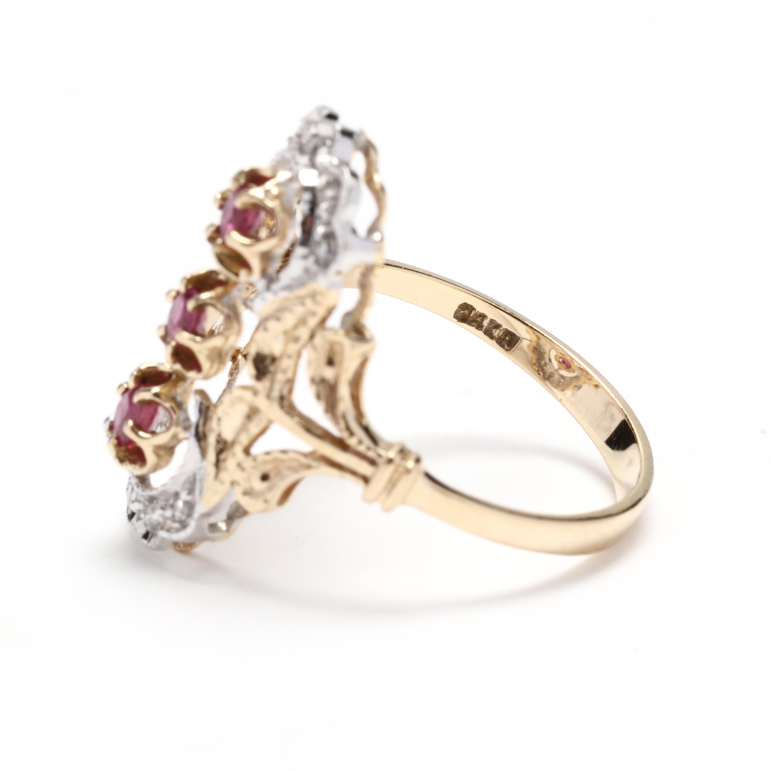 0.38ctw Ruby Diamond Navette Statement Ring, 14KT Bi Color Gold In Good Condition For Sale In McLeansville, NC