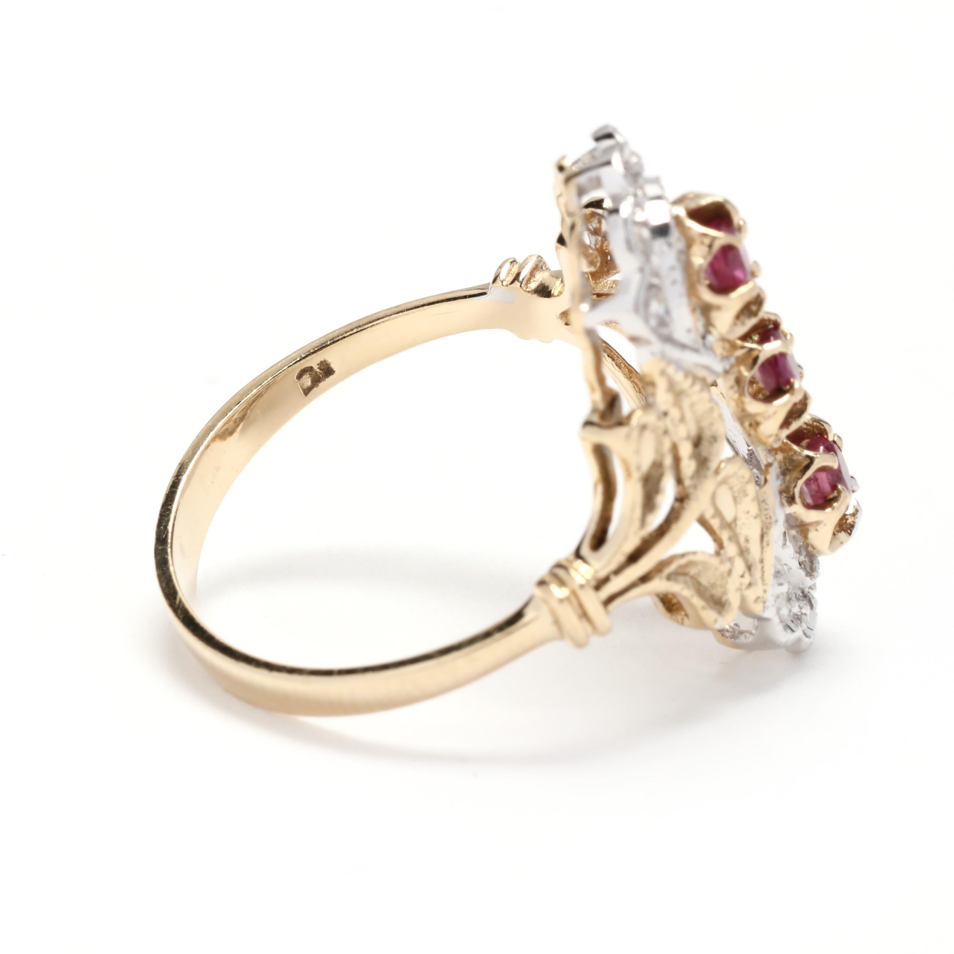 Women's or Men's 0.38ctw Ruby Diamond Navette Statement Ring, 14KT Bi Color Gold For Sale