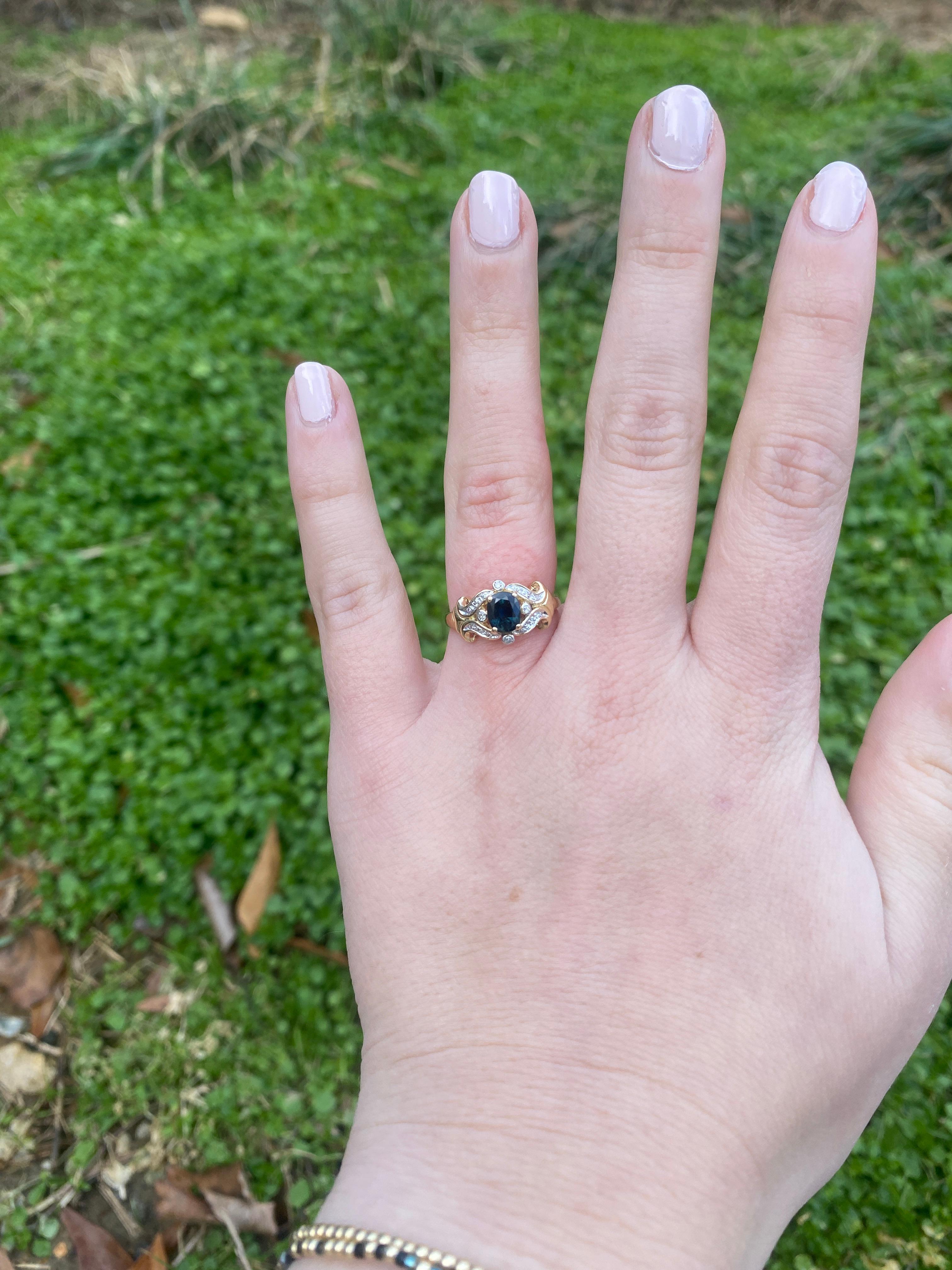 Bague saphir et diamant 038 carats, or jaune 14 carats, taille 6,25 en vente 2