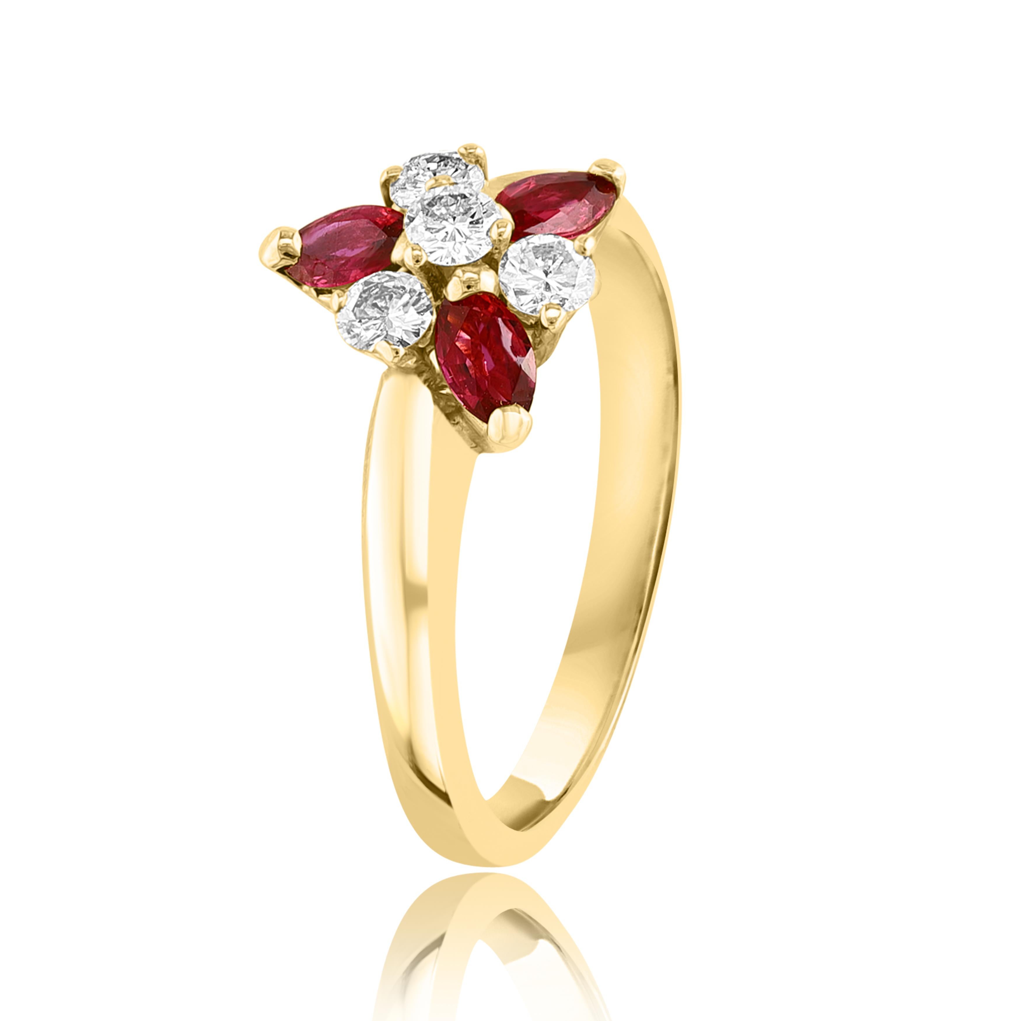 Dieser klassische Modering zeigt 3 rote Rubine in Marquiseform mit einem Gewicht von 0,36 Karat und 4 runde Diamanten mit einem Gesamtgewicht von 0,20 Karat und ist aus 14K Gelbgold gefertigt.