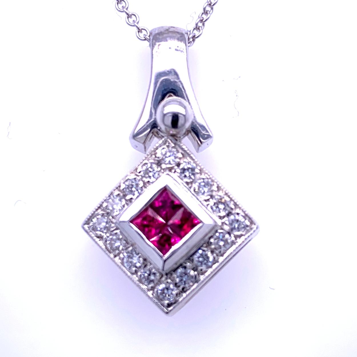 18K Gold Square Shape Diagonal Pendant with 4 Invisible Set Princess Cut Rubies (Total Gem Weight 0.40 Ct) surrounded by a pave set Halo of diamonds with total weight of 0.39 Ct. 
Total Diamond Weight: 0.39 Ct
Total Gem Weight: 0.40 Ct
Total