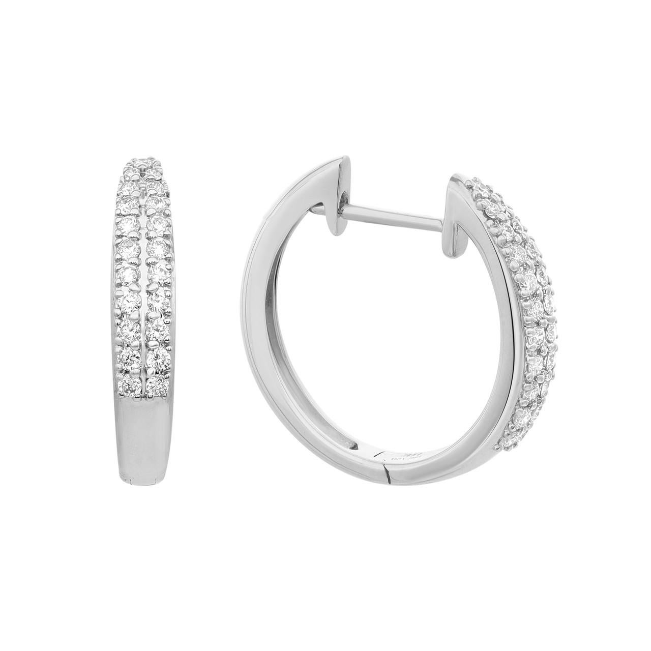 Round Cut 0.39 Carat Double Row Diamond Huggie Earrings 18K White Gold
