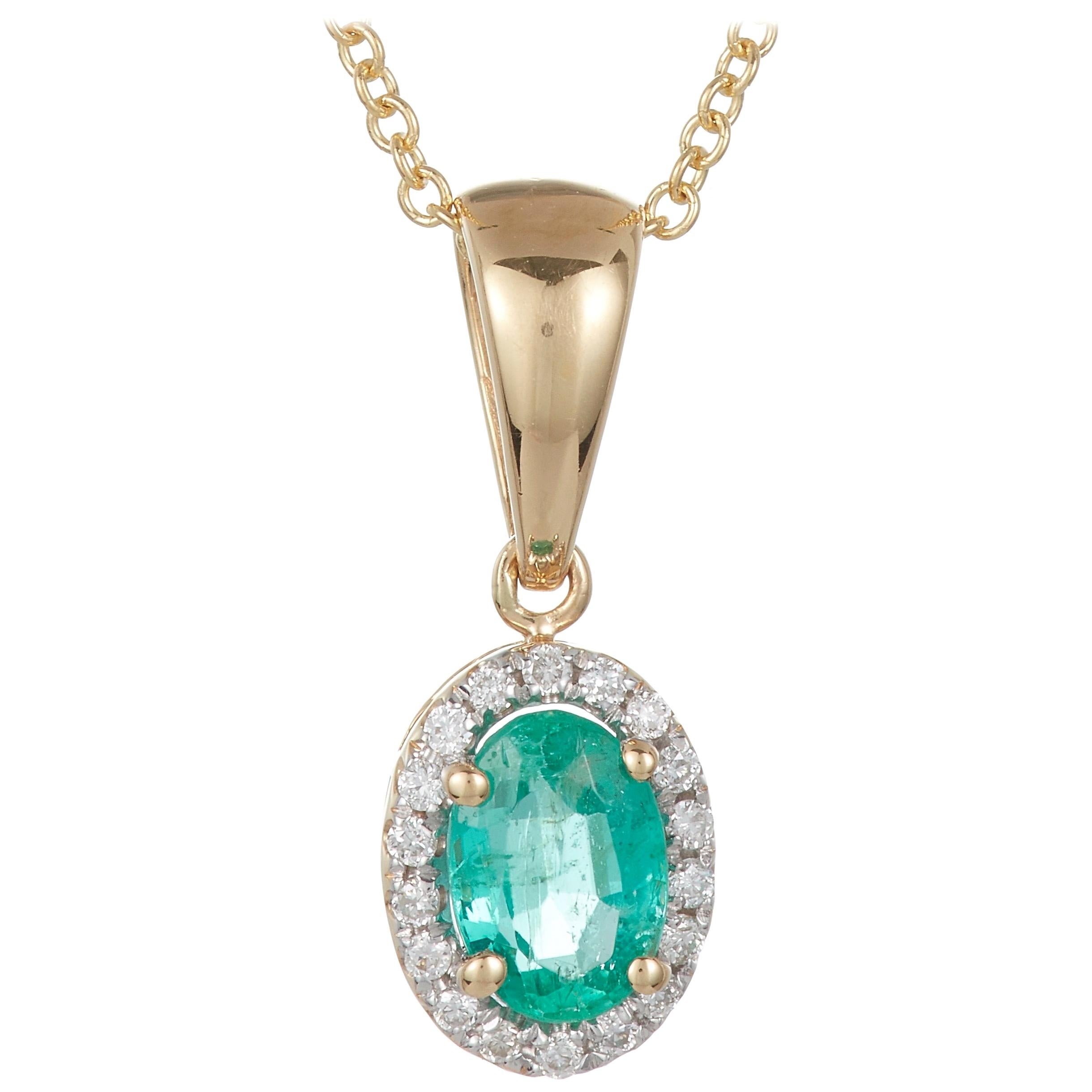 0.39 Carat Oval Emerald White Diamond Halo Pendant 18 Karat Yellow Gold