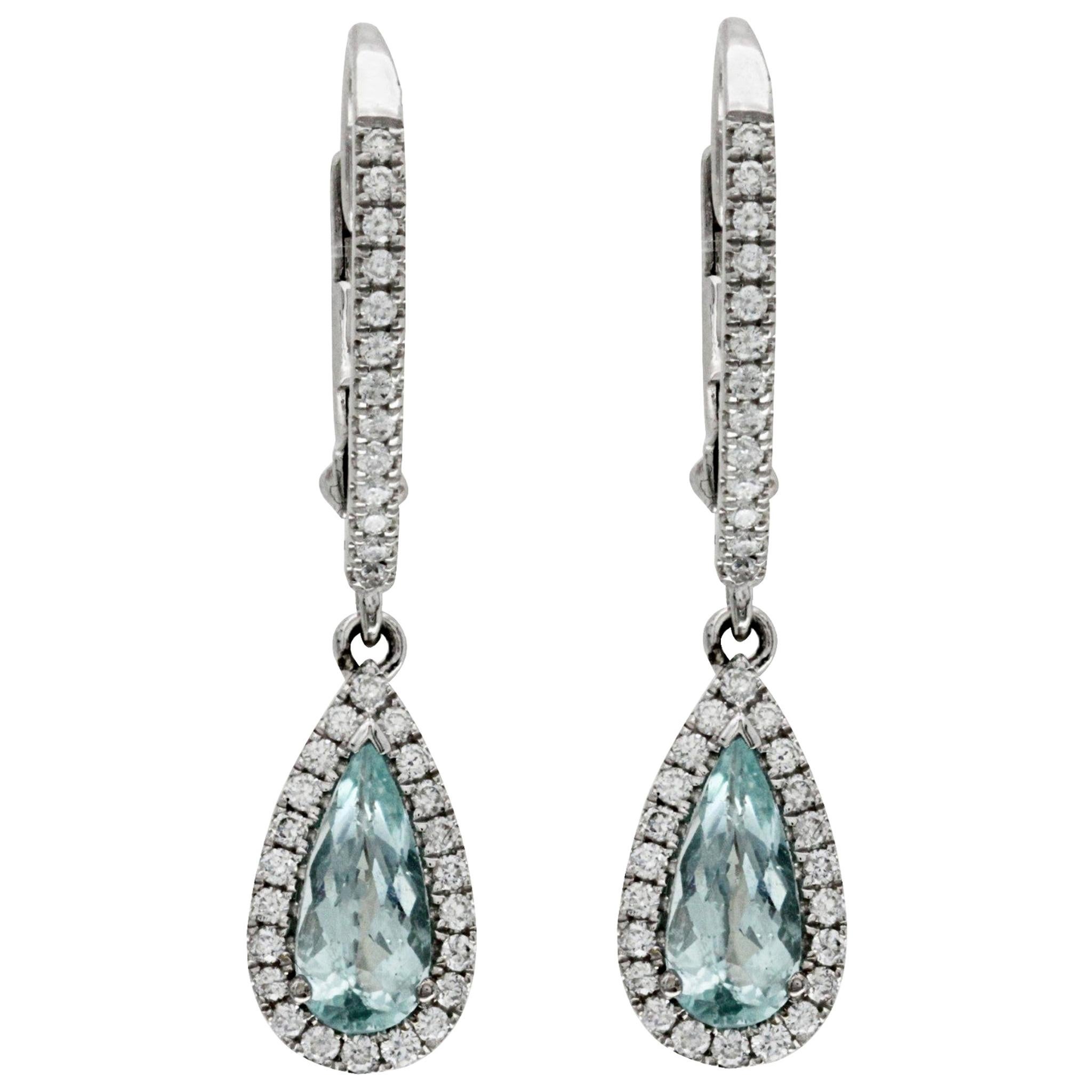 0.39 Carat Paraiba and 0.35 Carat Diamonds 14 Karat White Gold Dangle Earrings For Sale