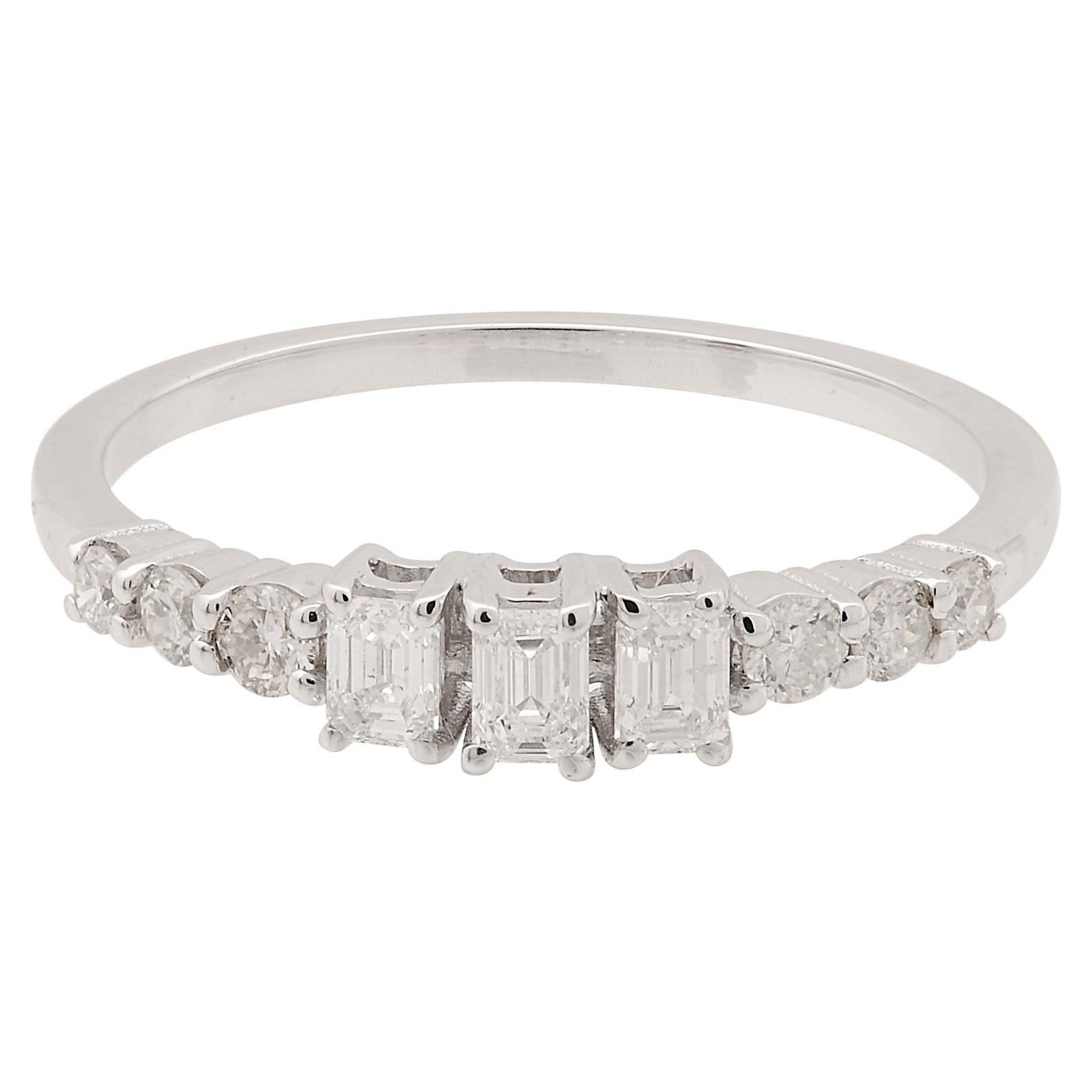 0.39 Carat Round & Emerald Cut Diamond Band Ring 18 Karat White Gold Jewelry