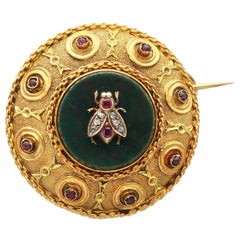 0.39 Carat Ruby Bloodstone 0.18 Carat Diamond 21k Yellow Gold Brooch Circa 1880
