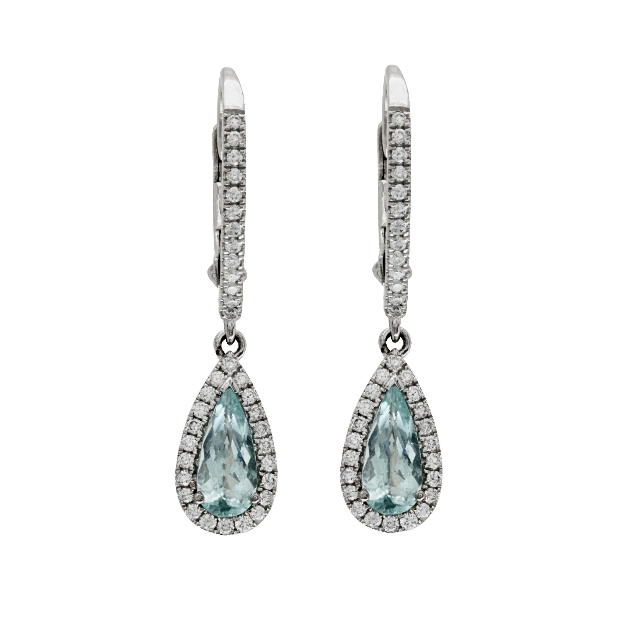 Round Cut 0.39 Carat Paraiba and 0.35 Carat Diamonds 14 Karat White Gold Dangle Earrings For Sale