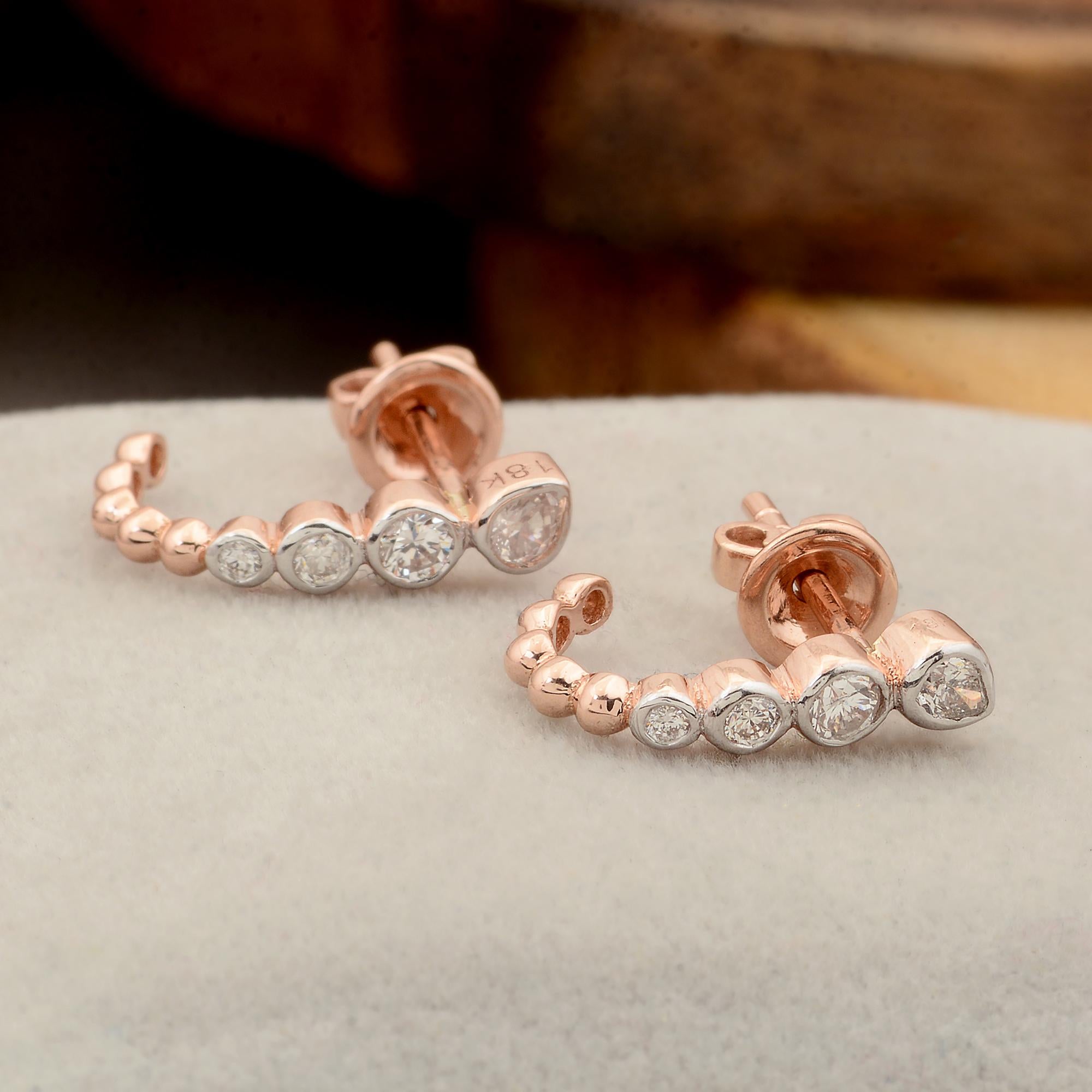 Modern 0.39 Ct SI/HI Pear Round Diamond Half Hoop Earrings 18 Karat Rose Gold Jewelry For Sale