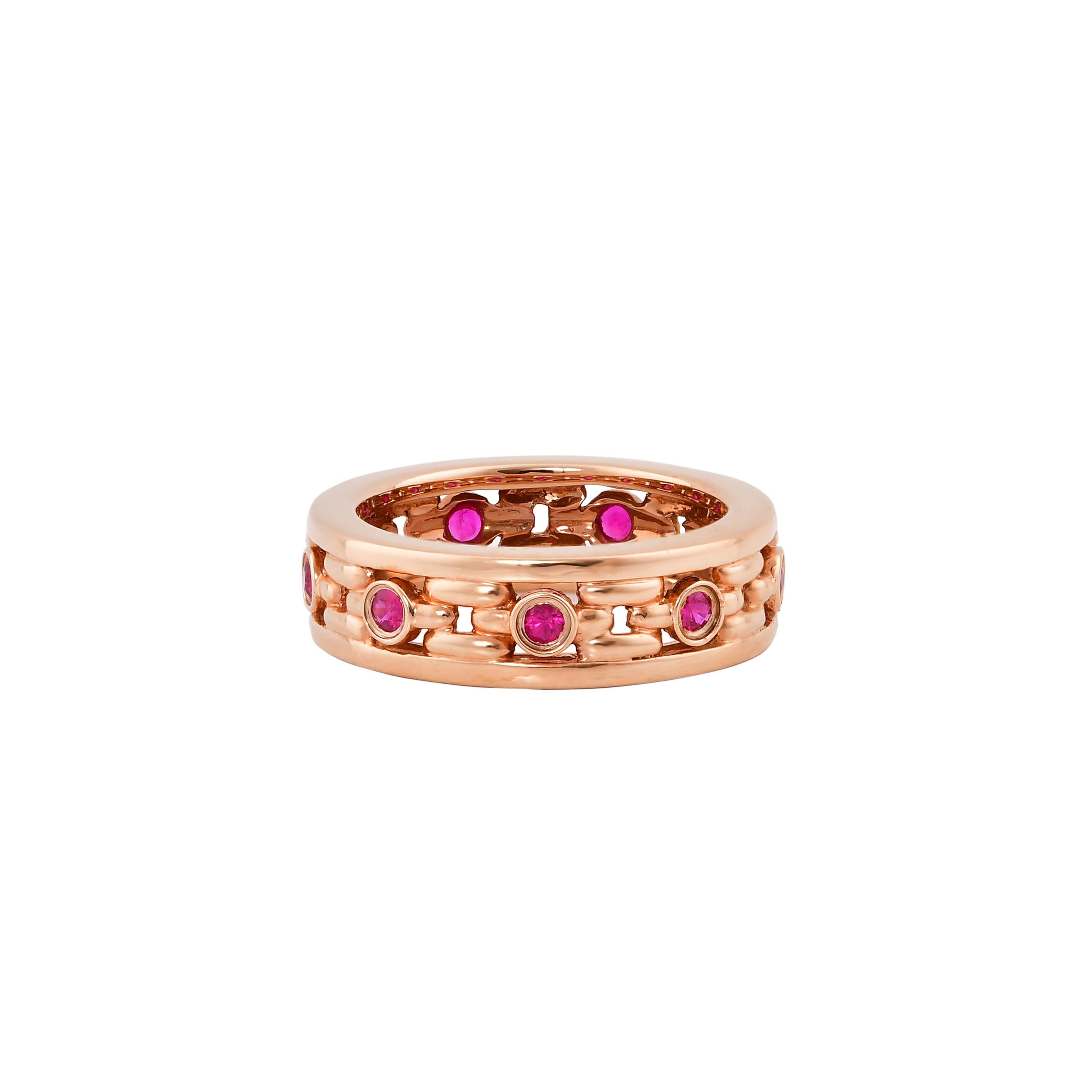 Unique and Designer Cocktail Rings by Sunita Nahata Fine Design.

Classic Ruby ring in 14K Rose gold. 

Ruby: 0.390 carat, 2.00mm size, round shape.

Gold: 5.60g, 14K Rose gold. 
Ring Size: US 6.75 - Size can be adjusted for free upon request -
