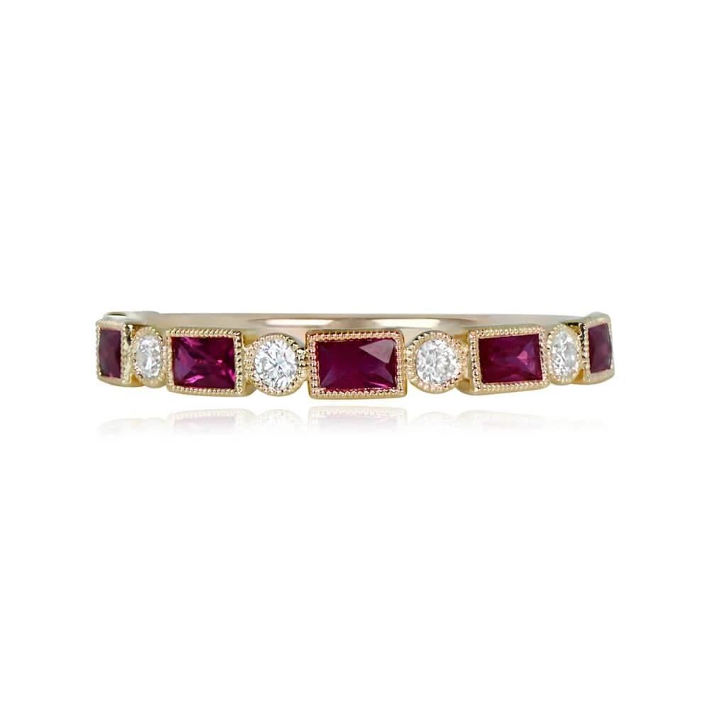 An 18k yellow gold half-eternity band featuring an alternating pattern of elongated French-cut rubies and round brilliant-cut diamonds. The rubies, set in rectangular bezels, have a total weight of 0.39 carats, while the diamonds, set in round