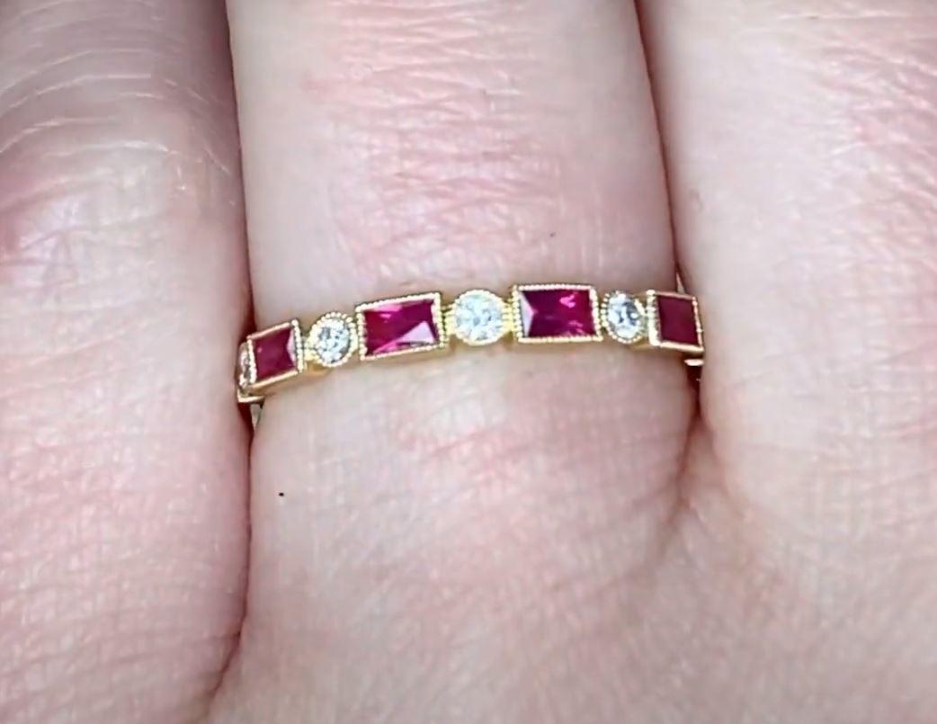 French Cut  0.39ct Natural Rubies &  0.12ct Diamonds Band Ring, 18k Yellow Gold For Sale