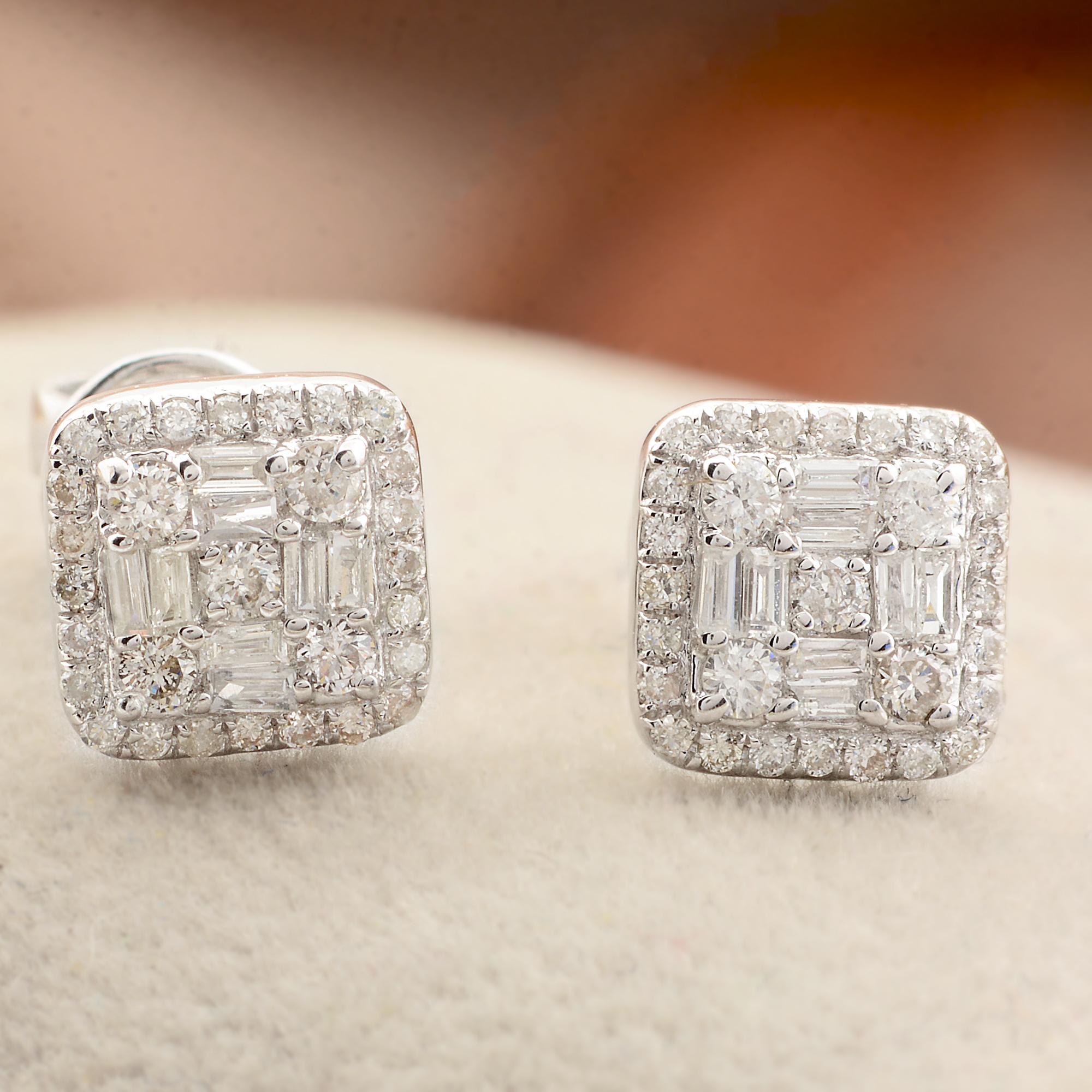 Clous d'oreilles carrés en or blanc 10 carats avec diamants baguette et rond de 0,3 carat SI/HI en vente 1