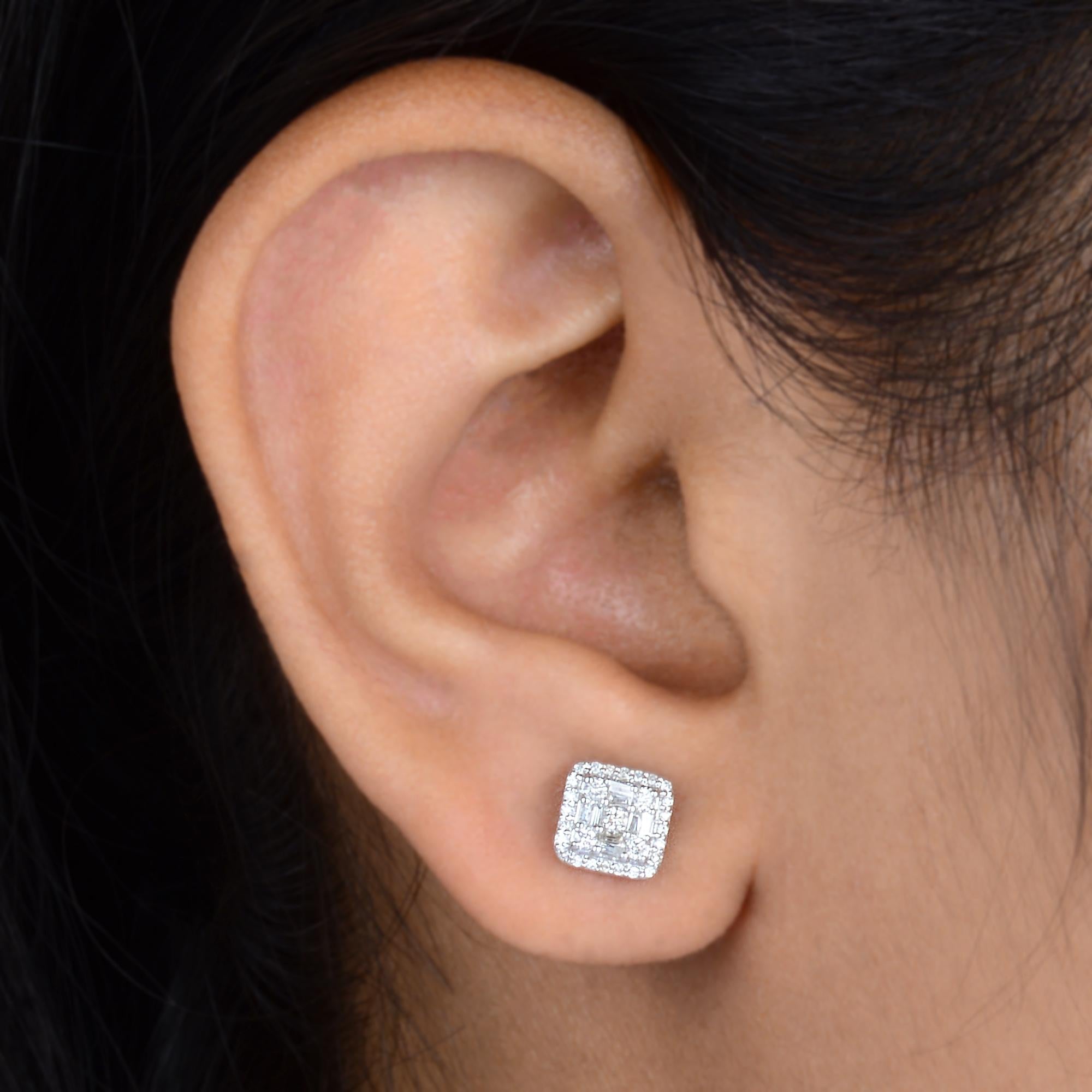 Clous d'oreilles carrés en or blanc 10 carats avec diamants baguette et rond de 0,3 carat SI/HI en vente 2