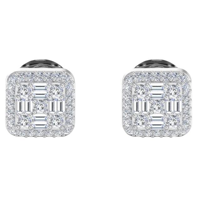 Clous d'oreilles carrés en or blanc 10 carats avec diamants baguette et rond de 0,3 carat SI/HI en vente