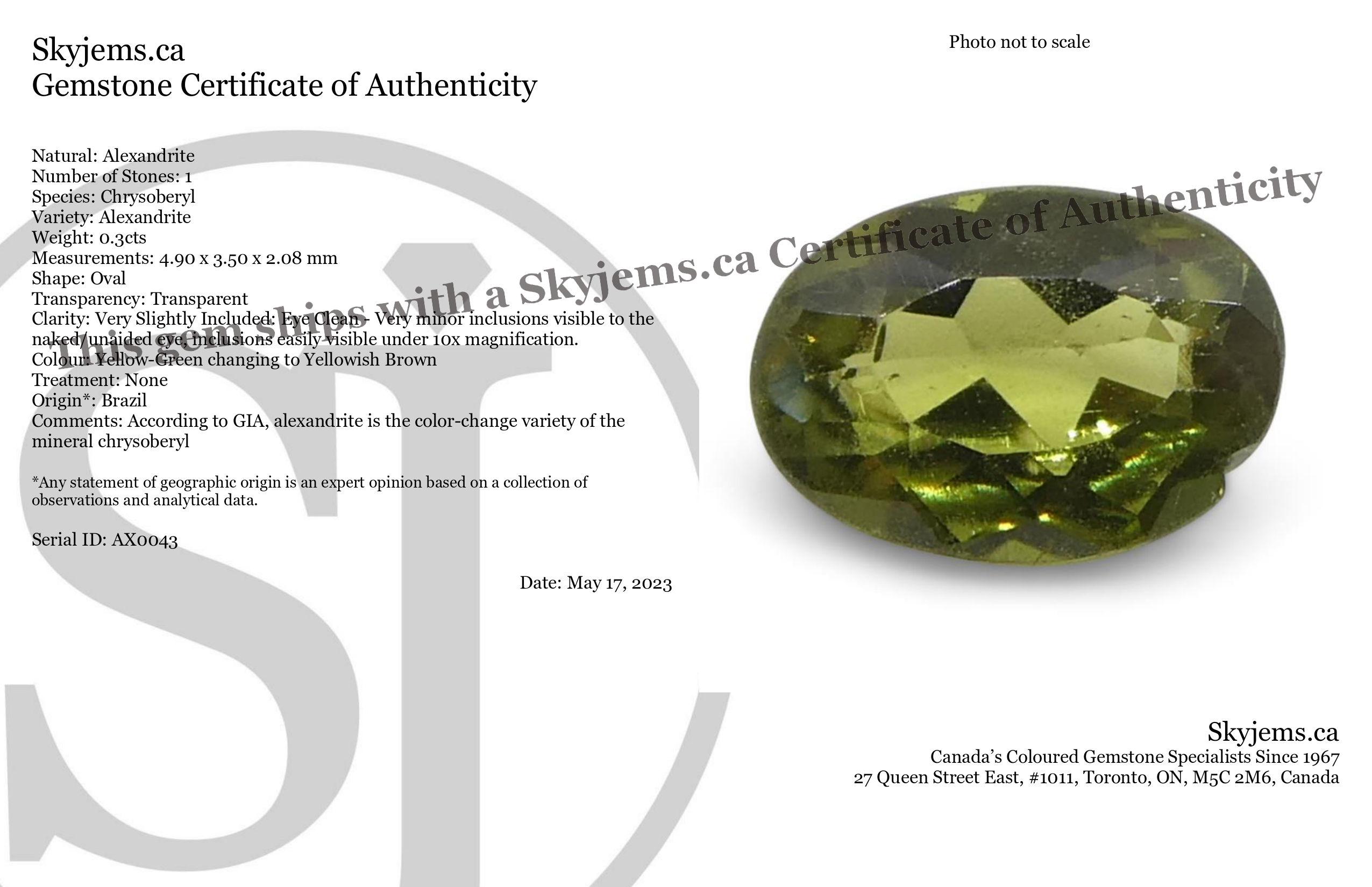 Description:

Gem Type: Alexandrite 
Number of Stones: 1
Weight: 0.3 cts
Measurements: 4.90 x 3.50 x 2.08 mm
Shape: Oval
Cutting Style Crown: Brilliant Cut
Cutting Style Pavilion: Brilliant Cut 
Transparency: Transparent
Clarity: Very Slightly