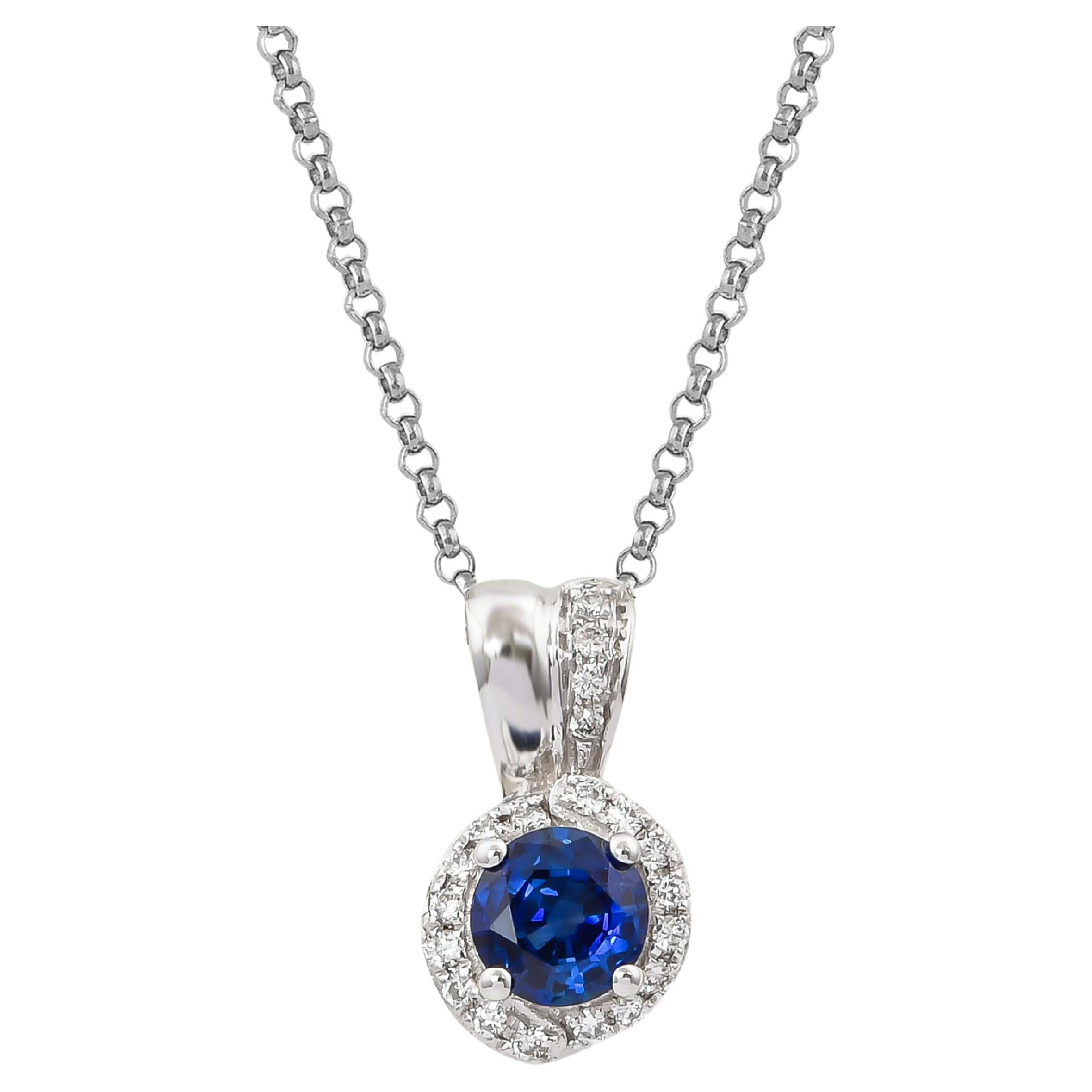 0.4 Carat Blue Sapphire and Diamond Pendant with Chain in 18 Karat White Gold For Sale