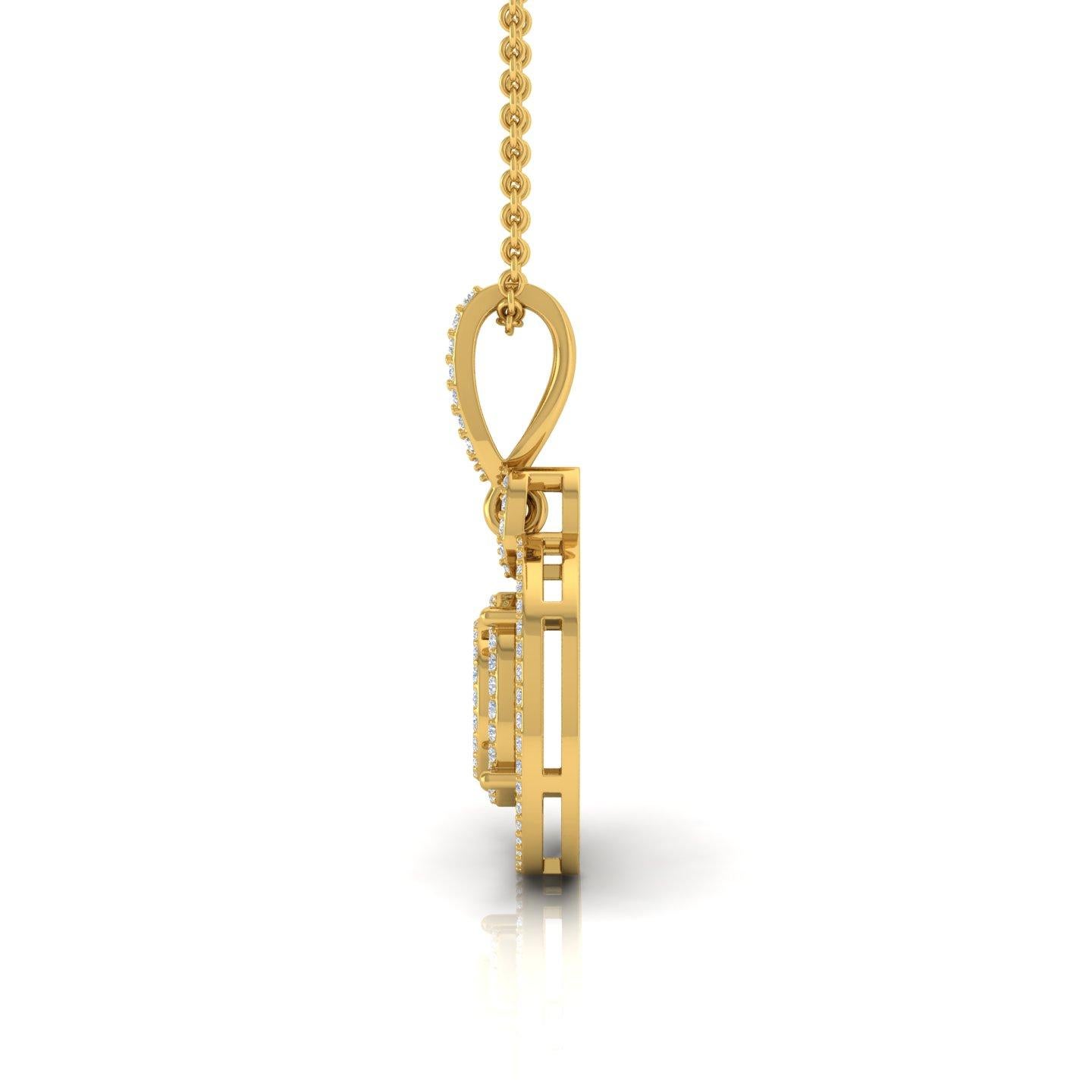 Round Cut SI Clarity HI Color Diamond Pave Charm Pendant Necklace 14 Karat Yellow Gold For Sale