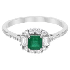Bague d'émeraude de Zambie de 0,4 carat 0,3 carat Diamant baguette SI/H en or blanc 18 carats