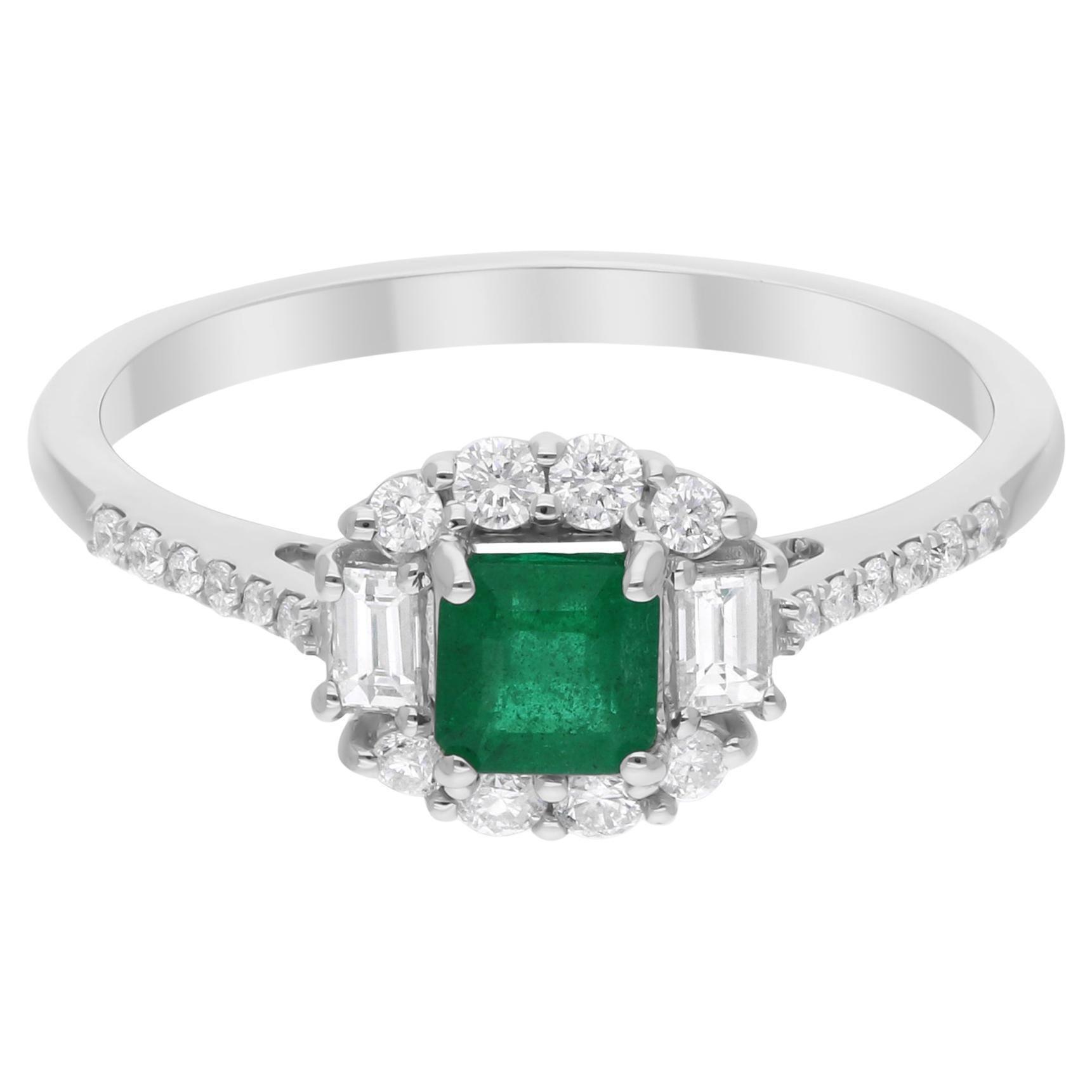 Anello con smeraldo dello Zambia da 0,4 carati 0,3 carati. Diamante Baguette SI/H Oro bianco 18 carati