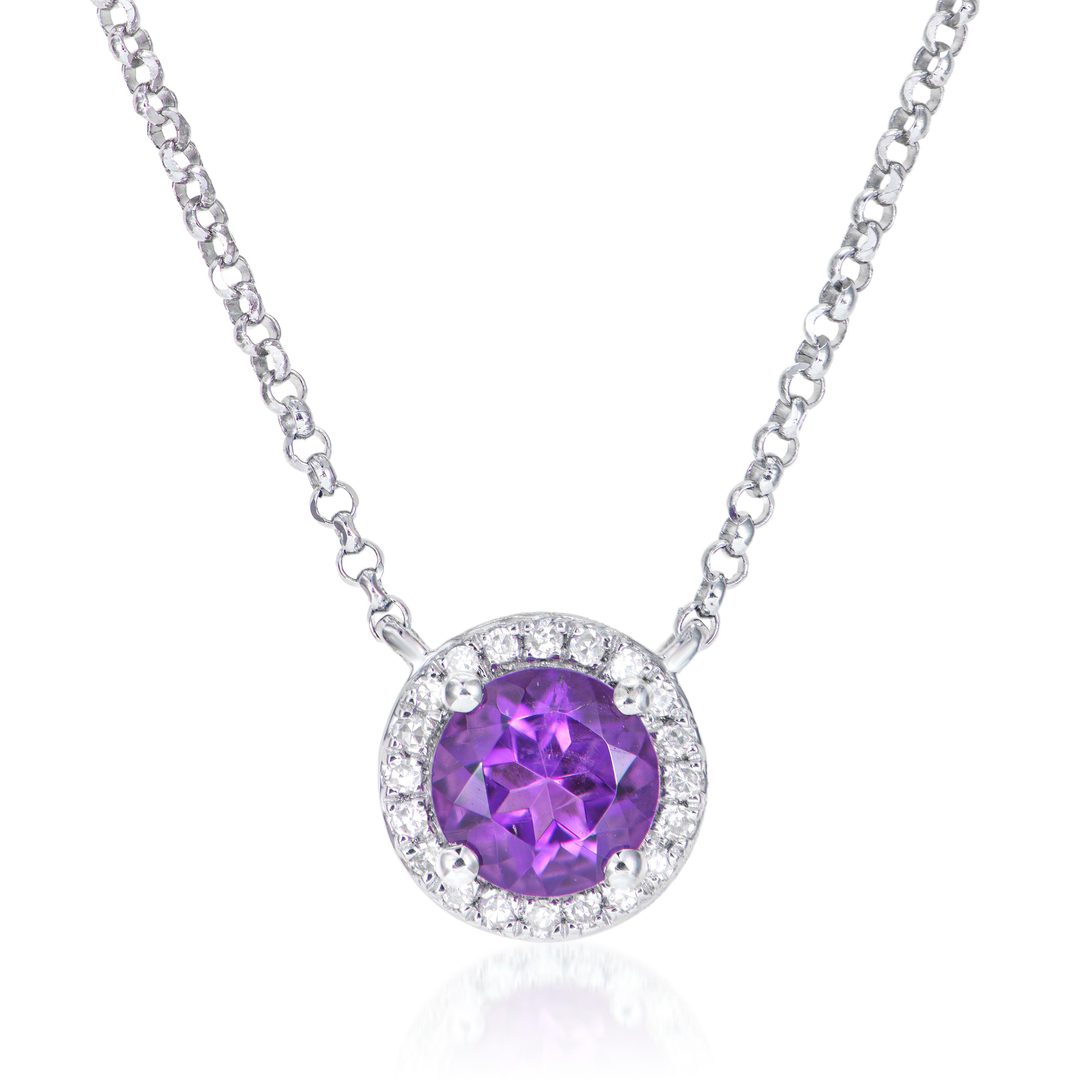 Round Cut 0.40 Carat Amethyst Pendant in 18Karat White Gold with White Diamond. For Sale
