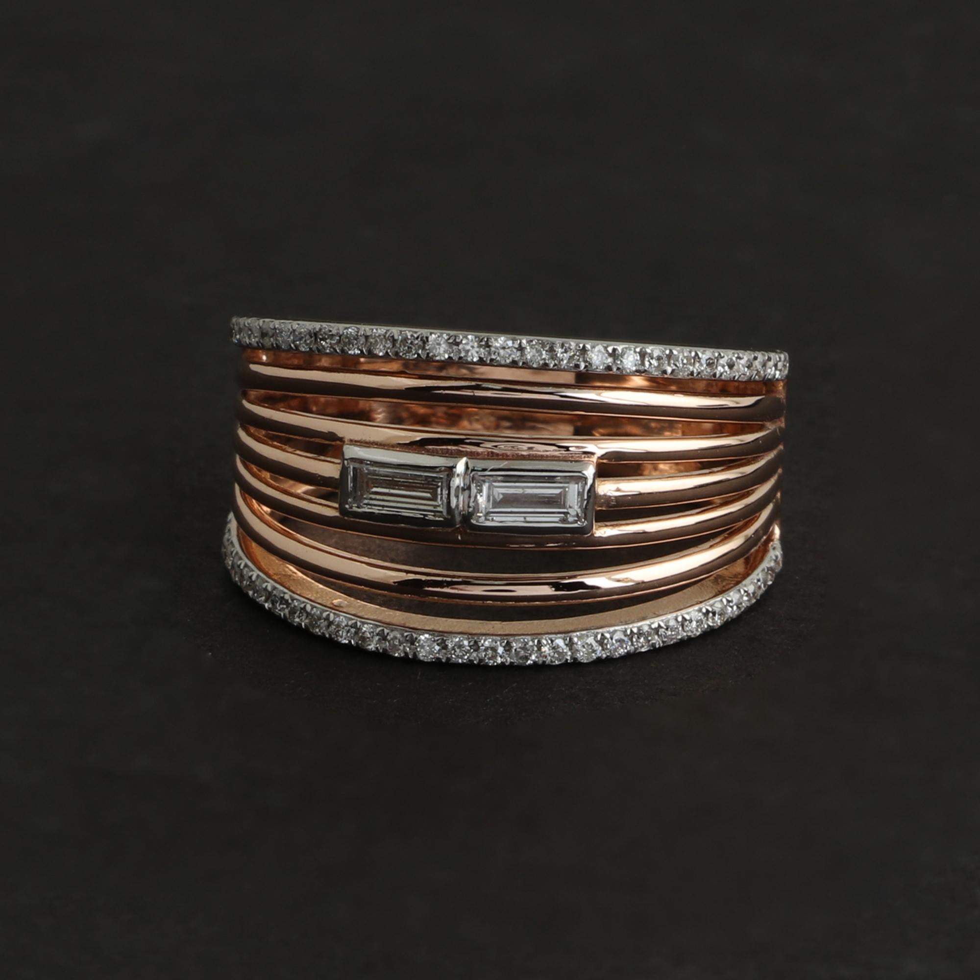 Modern 0.40 Carat Baguette Diamond Multi Layer Ring 18 Karat Rose Gold Handmade Jewelry For Sale