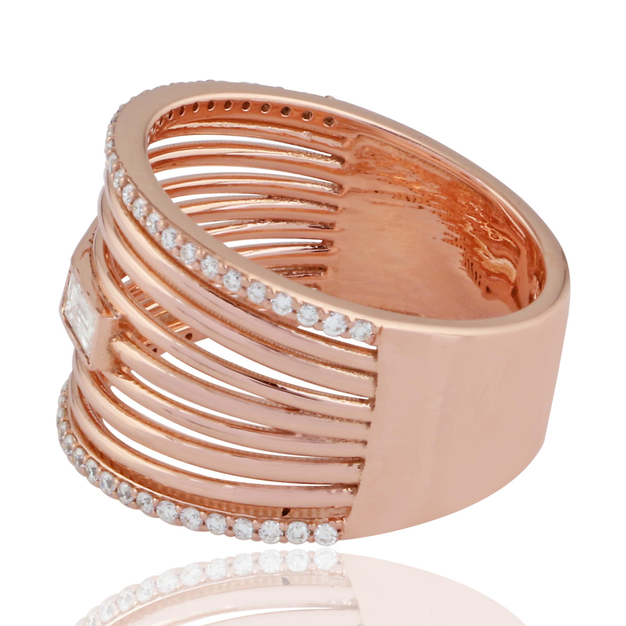 Baguette Cut 0.40 Carat Baguette Diamond Multi Layer Ring 18 Karat Rose Gold Handmade Jewelry For Sale