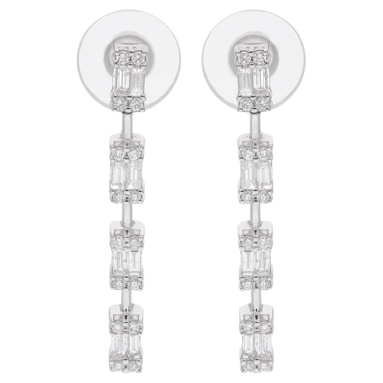 0.40 Carat Baguette & Round Diamond Dangle Earrings 14 Karat White Gold Jewelry For Sale