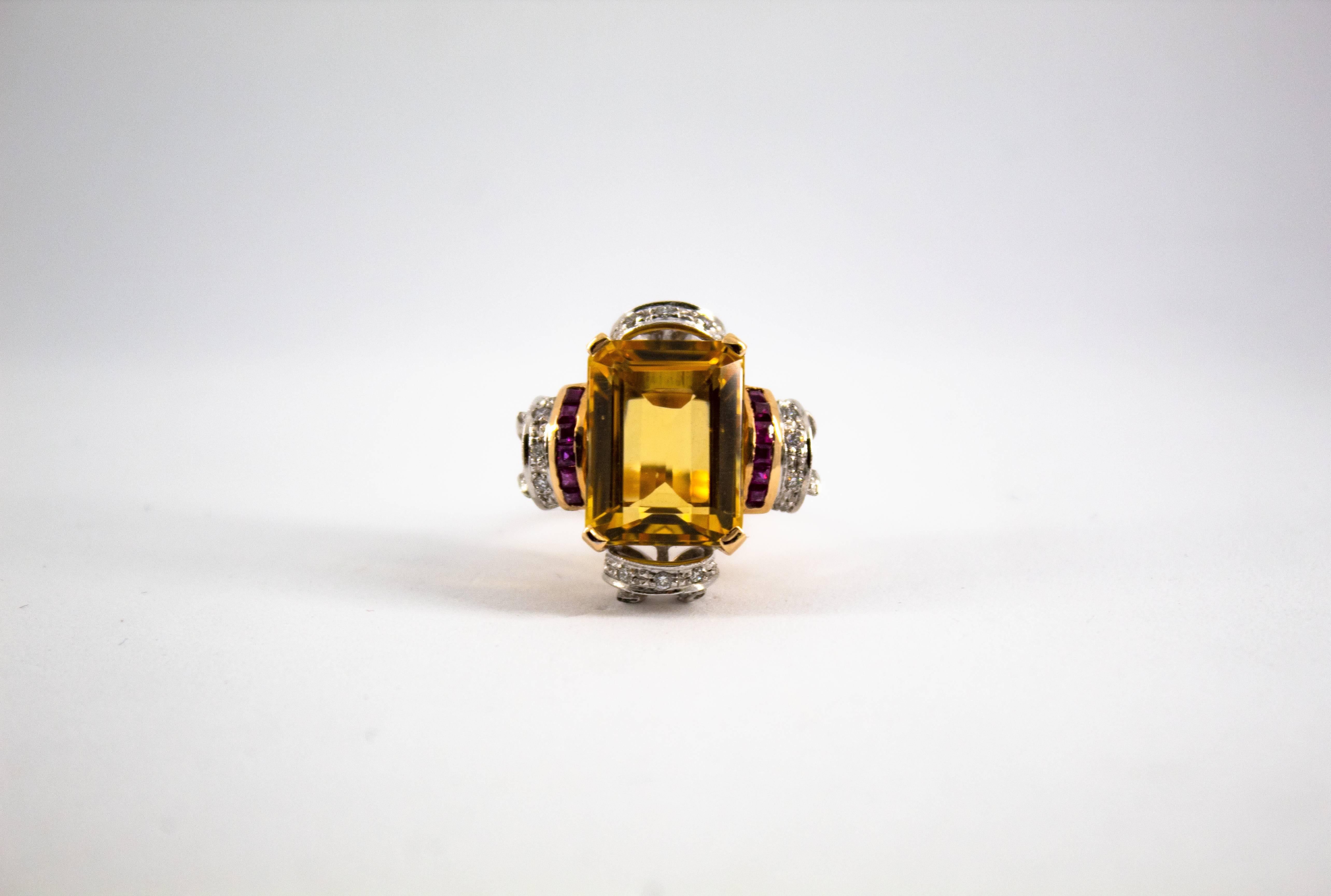 This Ring is made of 14K Yellow Gold.
This Ring has 0.15 Carats of Rubies.
This Ring has 0.40 Carats of Diamonds.
This Ring has a circa 11.5 Carats Citrine (16.2mm x 12.1mm x 5.0mm).
Size ITA: 12 USA: 6 1/4
We're a workshop so every piece is
