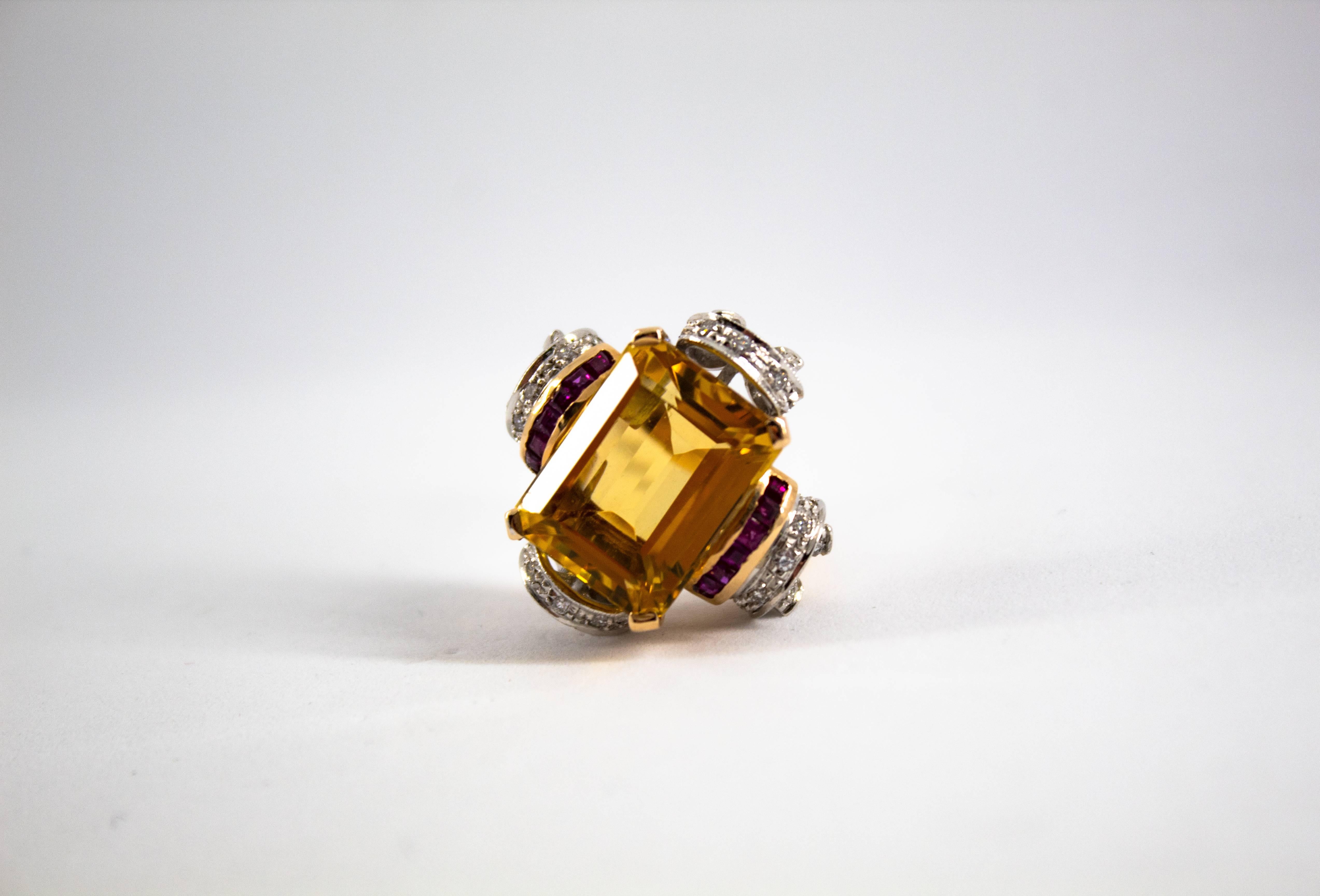 Art Deco 0.40 Carat Diamond 0.15 Carat Ruby Citrine Yellow Gold Cocktail Ring