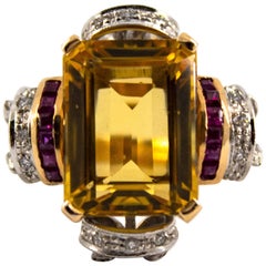 0.40 Carat Diamond 0.15 Carat Ruby Citrine Yellow Gold Cocktail Ring