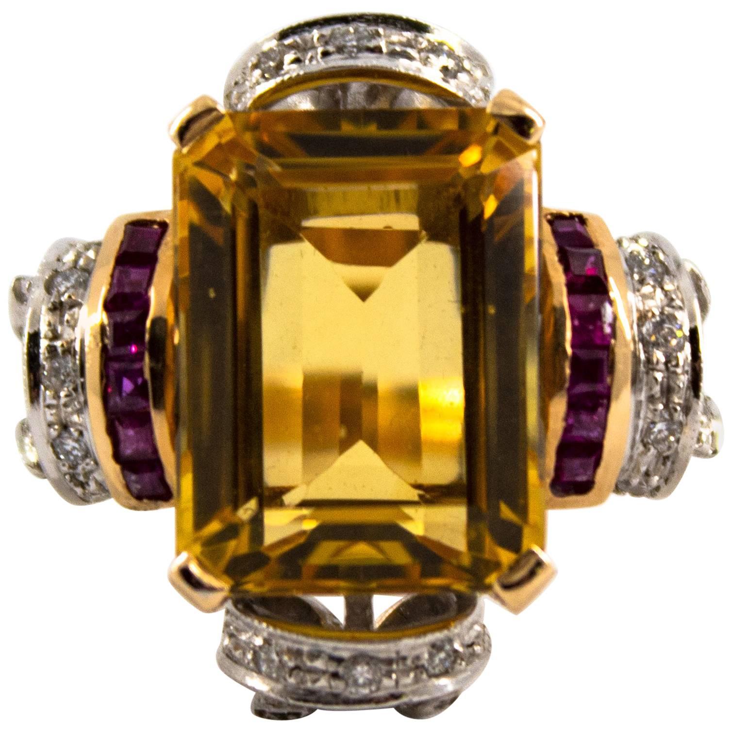 0.40 Carat Diamond 0.15 Carat Ruby Citrine Yellow Gold Cocktail Ring