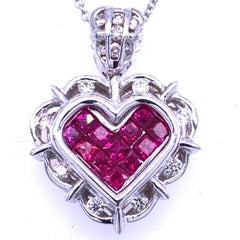 0.40 Carat Diamond/1.30 Carat Ruby 18 Karat Gold Hearts Pendant Necklace