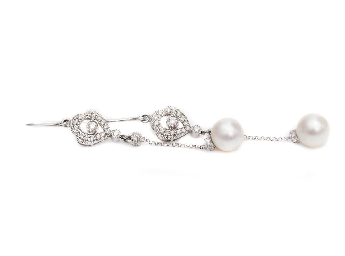 Modern 0.40 Carat Diamond and Pearl 14 Karat White Gold Drop Earrings