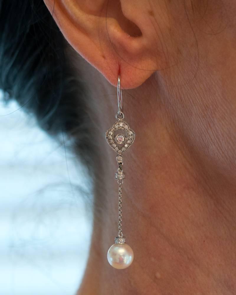 Round Cut 0.40 Carat Diamond and Pearl 14 Karat White Gold Drop Earrings