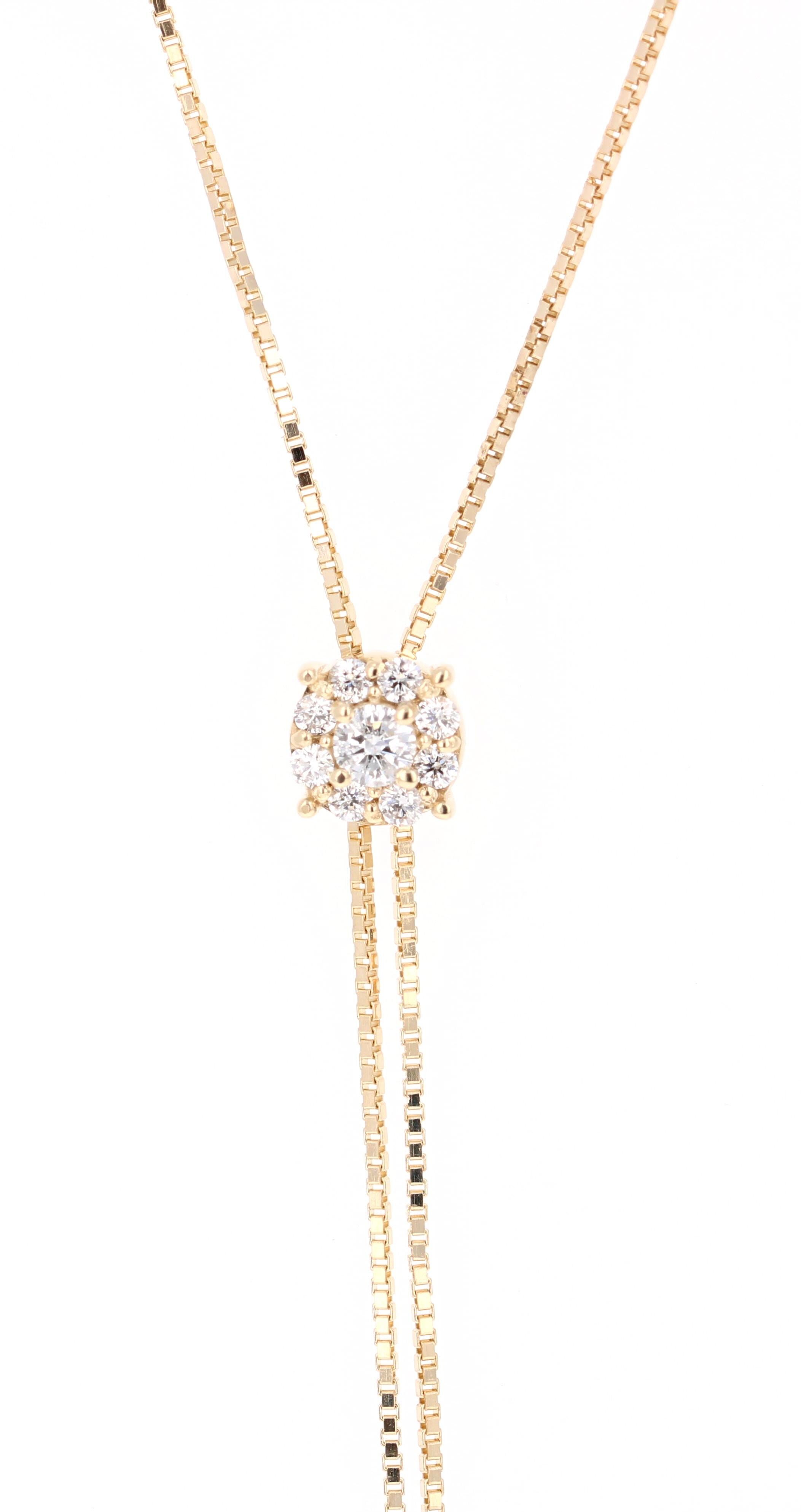 Beautiful, Elegant and On-trend Lariat style necklace!!  It has 9 Round Cut Diamonds (Clarity: SI, Color: F) that weigh 0.40 Carats. 

It is beautifully curated in 14 Karat Yellow Gold and weighs 5.8 grams and is approximately 20 inches long.   The